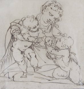 Luca Cambiaso (Italian 1527-1585): Luca Cambiaso (Italian 1527-1585) Pen and ink drawing. Compare to the "Holy Family" drawing by Cambiaso (Victoria and Albert Museum-London) on laid paper with collectors stamps; lower left: Lugt 123