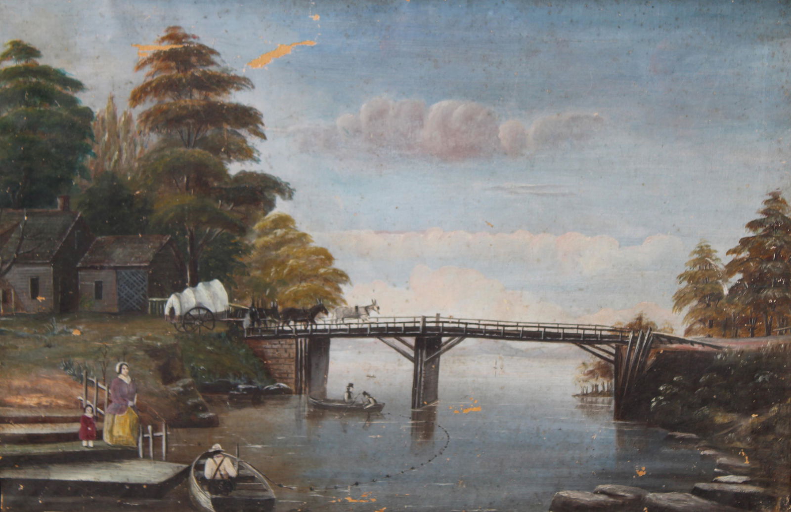 Pennsylvania Folk Art Oil Painting: Pennsylvania Folk Art Oil on Canvas. Appears to be unsigned. Areas of loss to paint. Auction information verso on stretcher. Sight Size: 12 x 18 in. Overall Framed Size: 15.25 x 21.25 in.