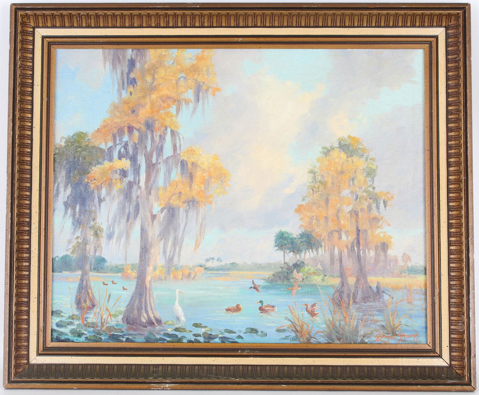 Rachel Stearns (1895 - 1979) "Golden Cypress": Rachel Stearns (1895 - 1979) "Golden Cypress" Oil on Canvas. Signed lower right. Titled and inscribed verso on stretcher. Sight Size: 16 x 20 in. Overall Framed Size: 20 x 24 in.