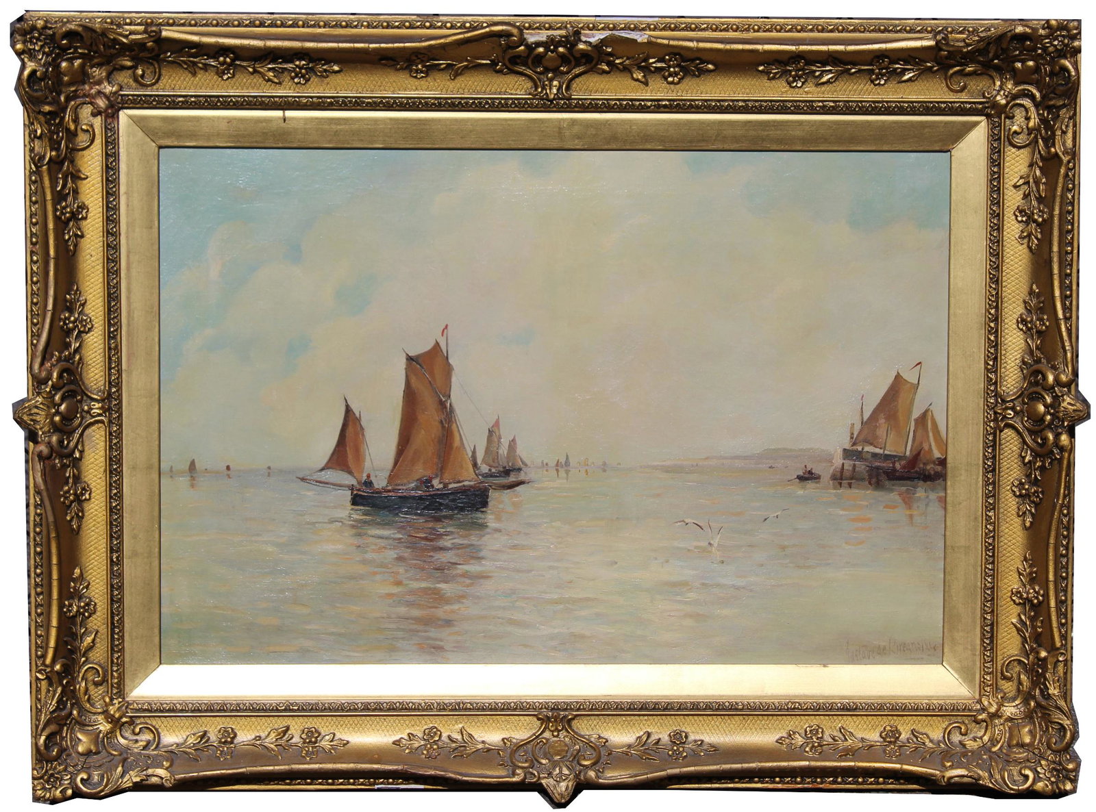 Gustave de Breanski (1856 - 1898): Gustave de Breanski (UK, 1856 - 1898) Oil on Canvas. Signed lower right. Condition: relined, loss to frame molding (some pieces available to be reattached) Sight Size: 20 x 30 in. Overall Framed Size: