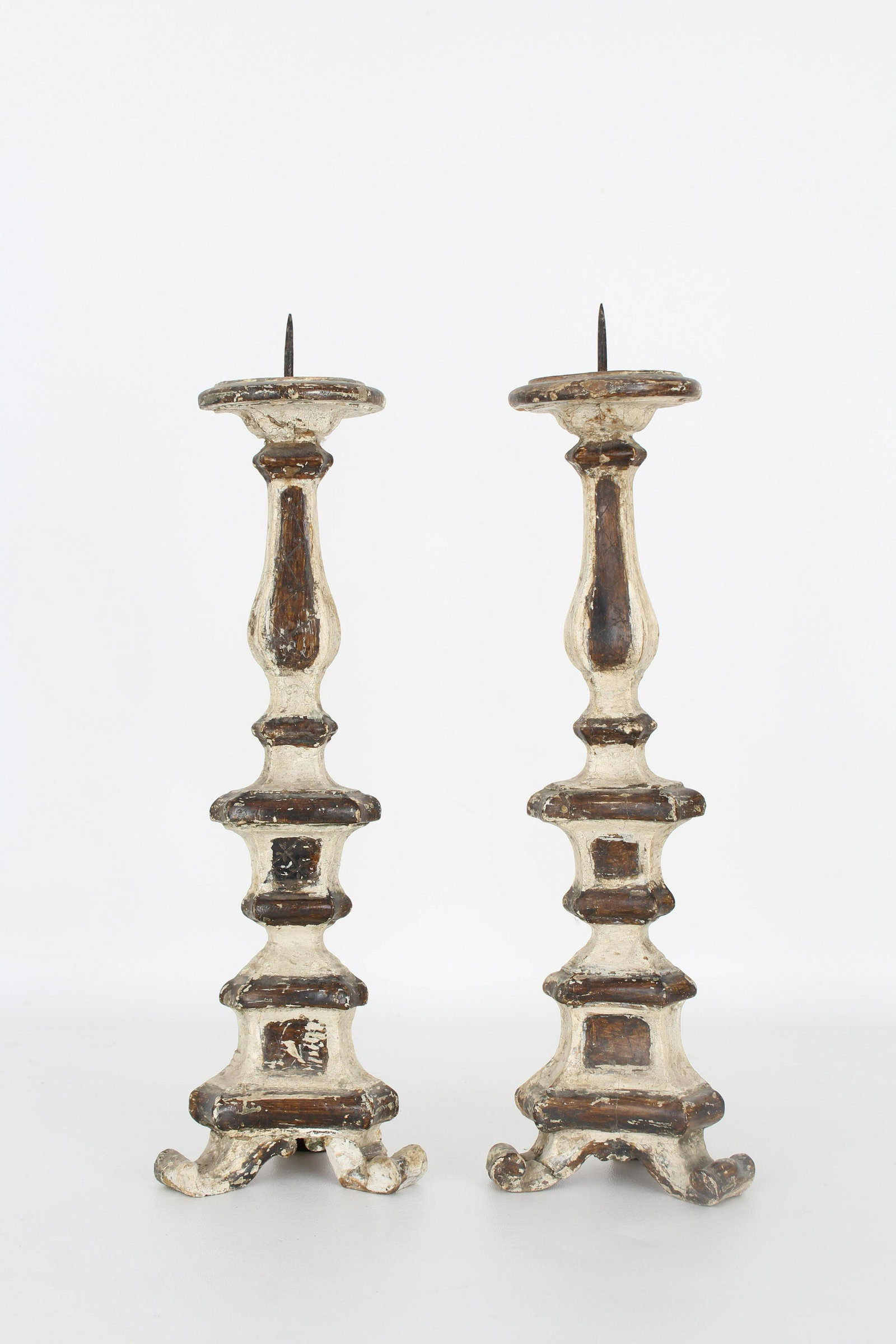 17th C. Italian Carved Wood Pricket Sticks: 17th Century Italian Set of Carved Wood Pricket Sticks with Tarnished Silver Accents. Height: 13.25 in.