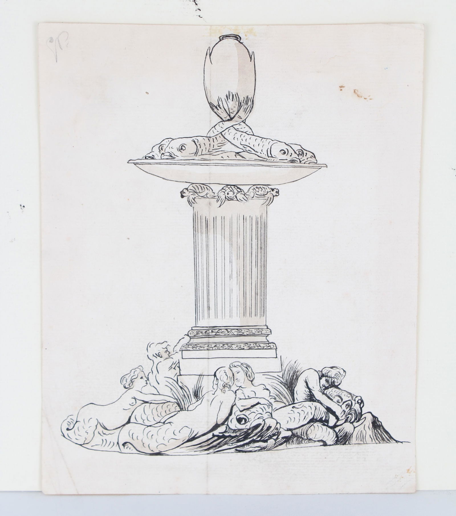 Old Master Drawing Gaetano Gandolfi (attrib.): Old Master Drawing Gaetano Gandolfi (attrib.) (Italian 1734-1802) Design for a Fountain, Ink and Wash on Watermarked Paper, Bears Collectors Mark Size: 10.25 x 8 1/8 in. Unframed.