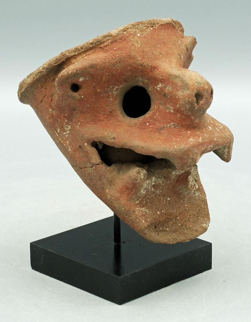 Nicoya Head Fragment - Costa Rica: A striking Nicoya head fragment from Costa Rica, c. 1000 - 1500 AD. It is 3-1/2 in. long and depicts an anthropomorphized jaguar head. The open mouth displays fangs and the hollow interior contains a