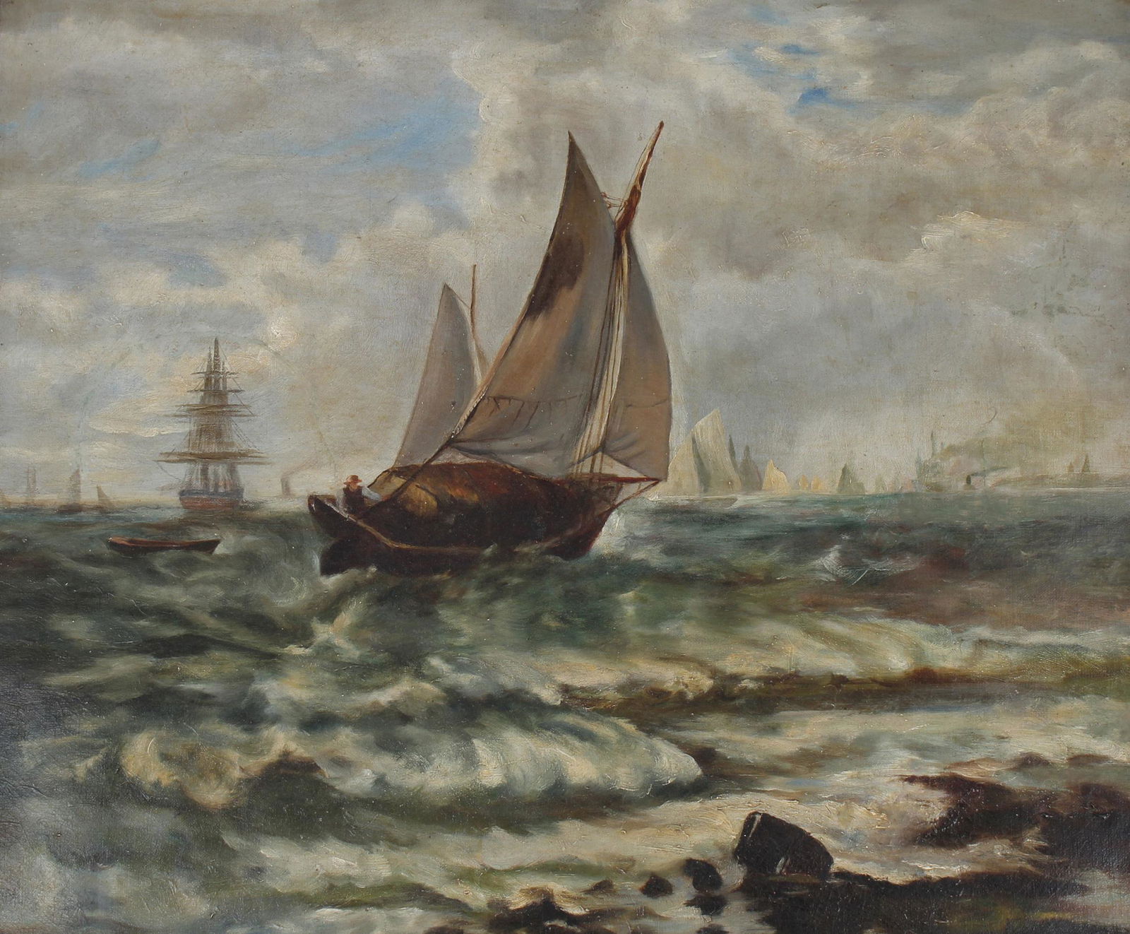 Antique Coastal Painting, Rough Seas: Antique Coastal Painting, Rough Seas. Oil on canvas. Appears to be unsigned, has not been examined out of the frame. Sight Size: 20 x 24 in. Overall Framed Size: 23 x 27 in.