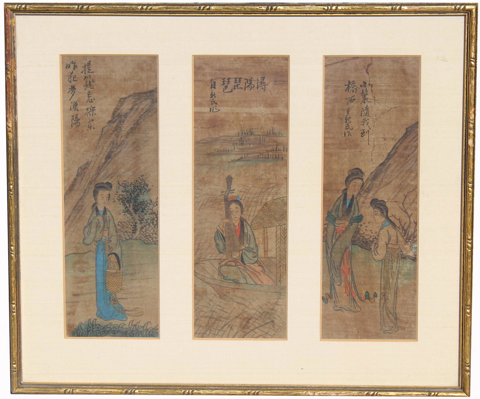 Antique Chinese Triptych Watercolor Painting: Antique Chinese Triptych Watercolor Painting. Possibly Ming. Overall Framed Size: 16 x 19 in. Framed behind glass.