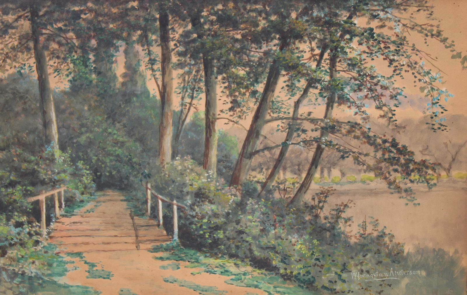 W. Livingston Anderson (1856-1893): W. Livingston Anderson (1856-1893) "On the Wissahicken" Watercolor. Signed lower right. Sight Size: 14 x 22 in. Overall Framed Size: 22.75 x 30.75 in. Framed behind glass.