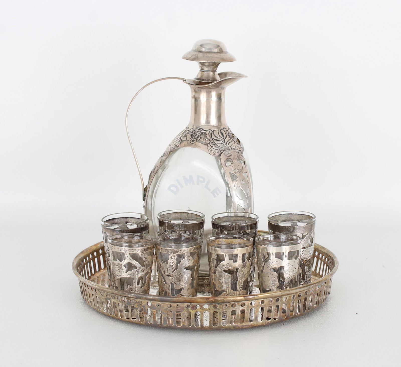 Mexican Sterling Overlay Decanter & Cordial Set (1 of 6)