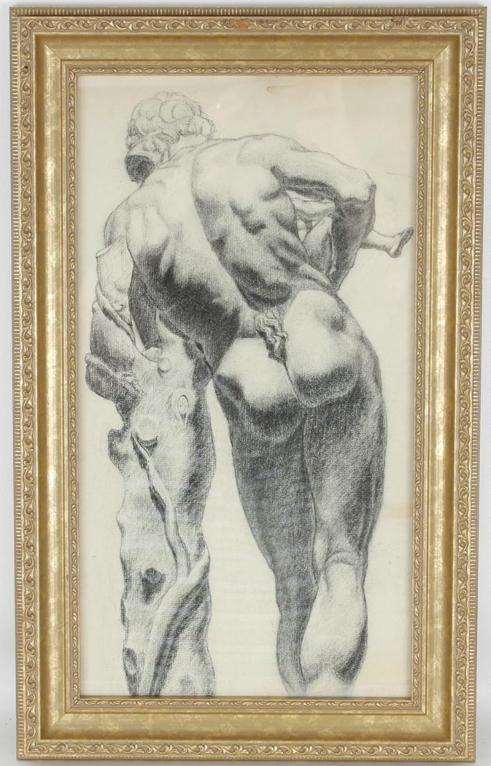 French School, 19th Century: French School, 19th Century. A nude male leaning on a tree trunk and seen from behind. Charcoal on paper. Sight Size: 19.5 x 10.5 in.