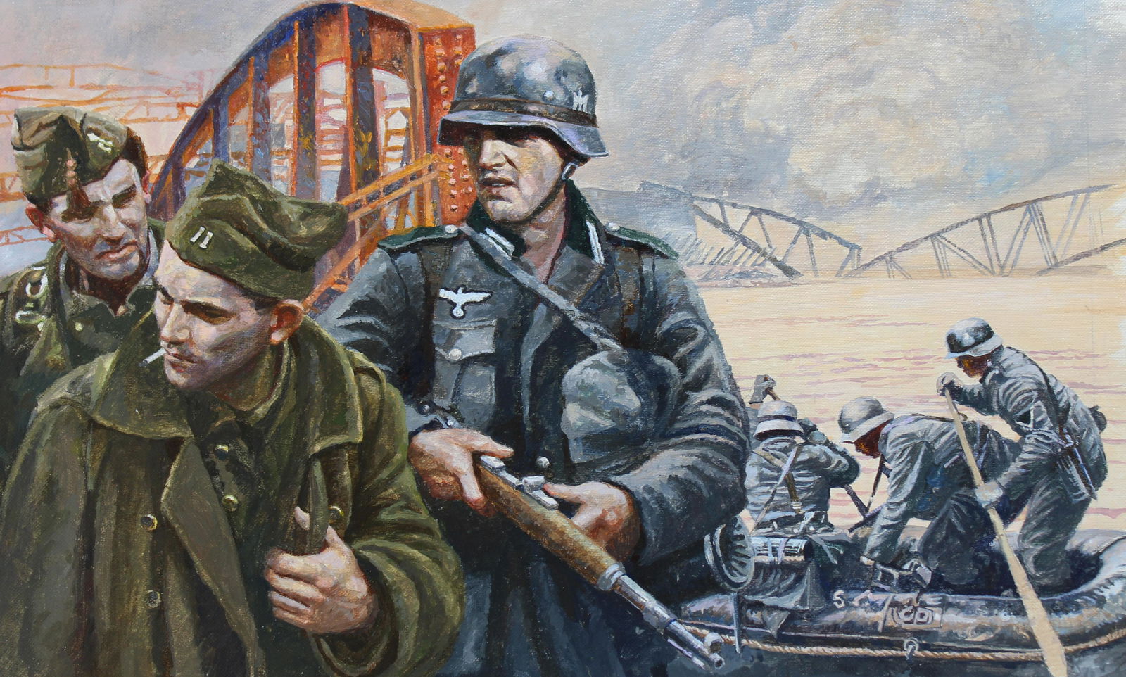 Brian Sanders (B. 1937) Invasion of Low Countries: Brian Sanders (British, B. 1937) "Invasion of the Low Countries" Original Oil painting on Canvas Board. Provenance: Collection of James A. Helzer (1946-2008), Founder of Unicover Corporation. Image Si