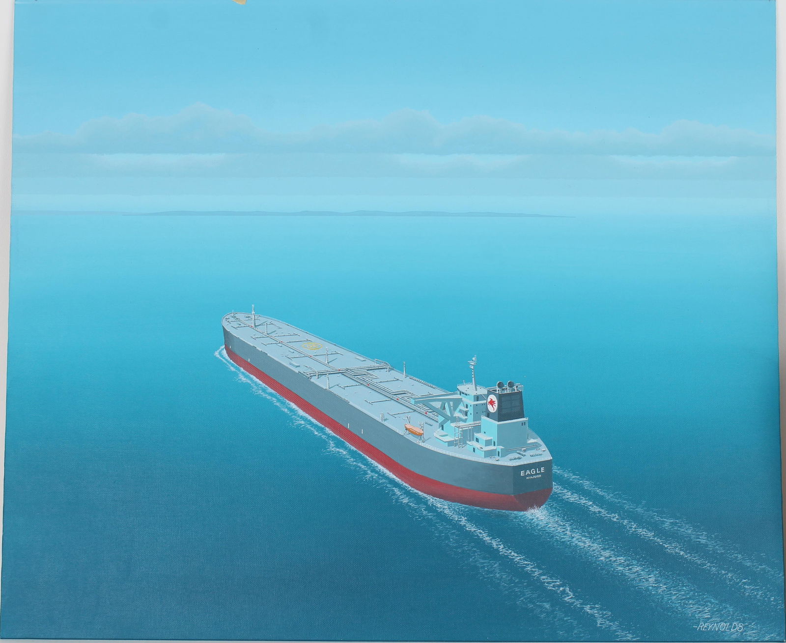 Keith Reynolds (B. 1929) Mobil Eagle Majuro Tanker: Keith Reynolds (American, B. 1929) "Mobil Eagle Majuro Oil Tanker" Signed lower right. Original Oil painting on Canvas Board. Provenance: Collection of James A. Helzer (1946-2008), Founder of Unicover