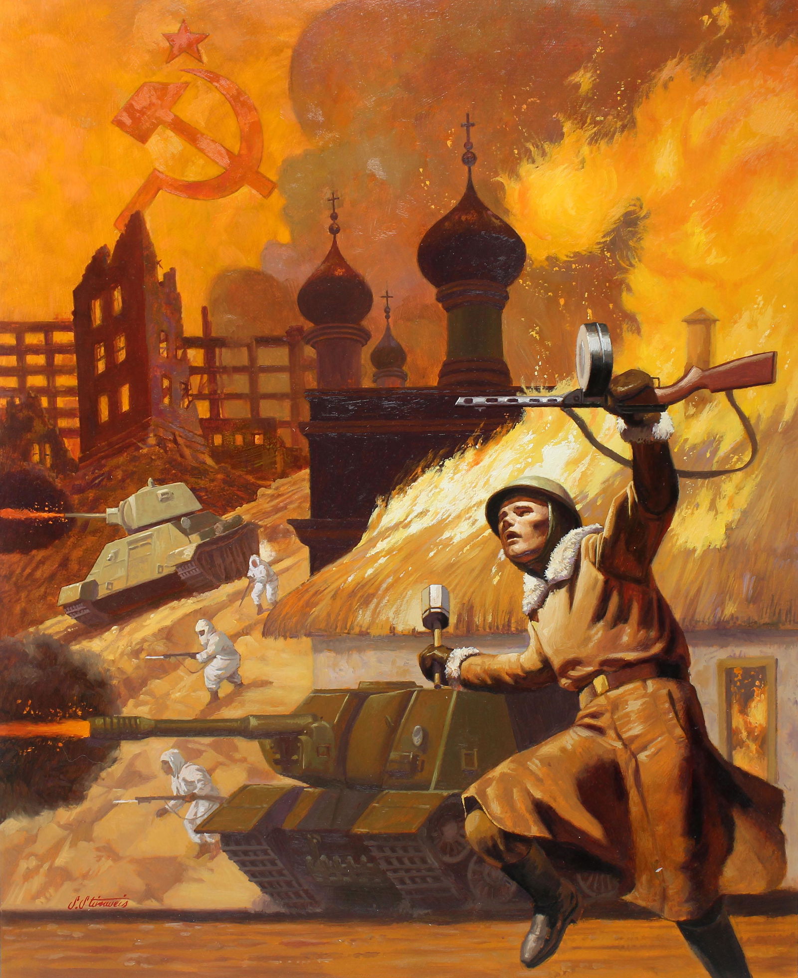 Shannon Stirnweis (B. 1931) Liberation of Smolensk: Shannon Stirnweis (B. 1931) "Liberation of Smolensk" Signed lower left. Original Oil painting on Illustration Board. Provenance: Collection of James A. Helzer (1946-2008), Founder of Unicover Corporat