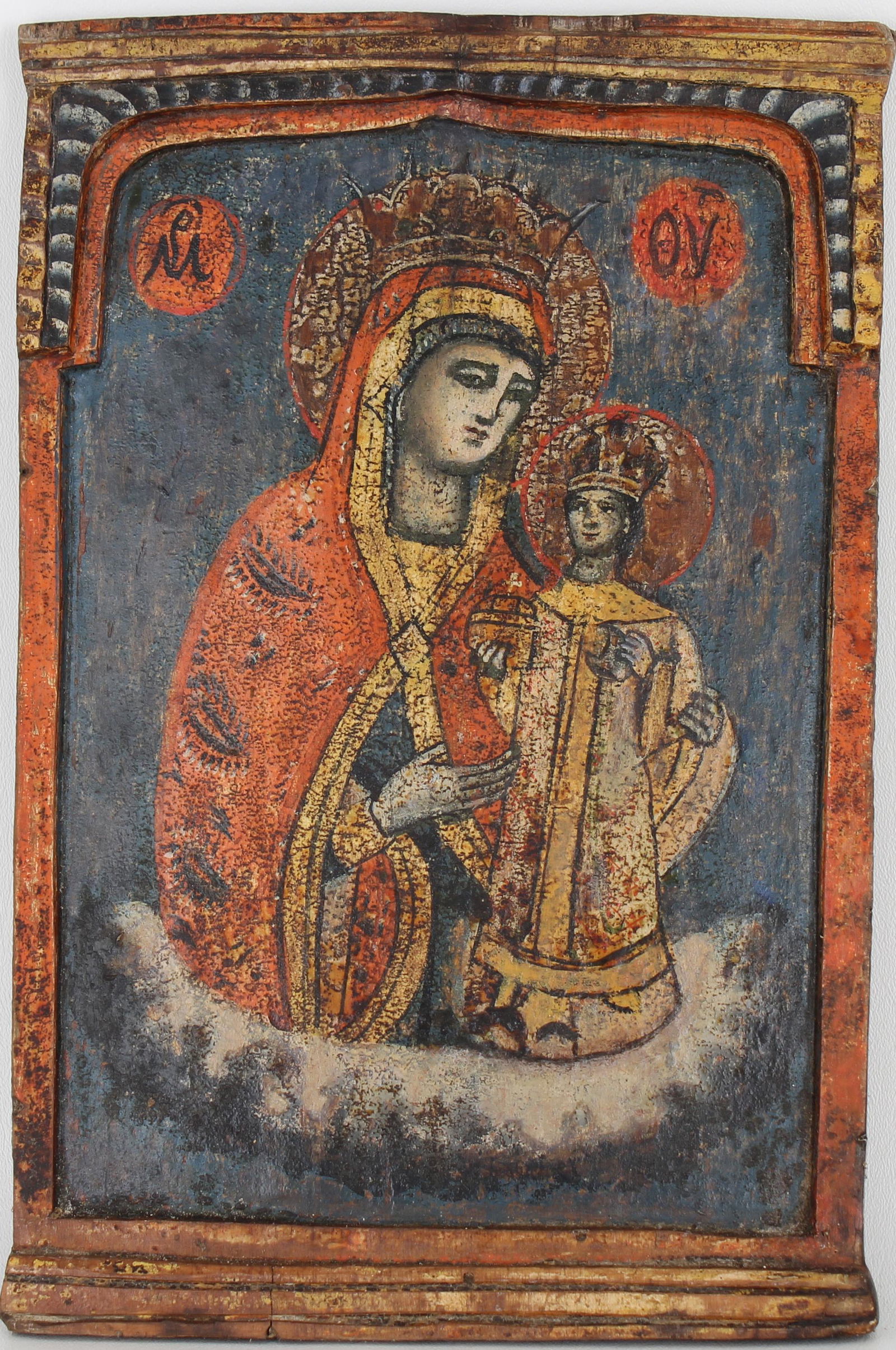 Greek, Antique Mother of God Icon: Greek, Antique Mother of God Icon. Oil and tempera on wood panel. Provenance: Deceased estate of Dr. John Schaeffer (Orlando, Florida). Size: 13.5 x 9 in.