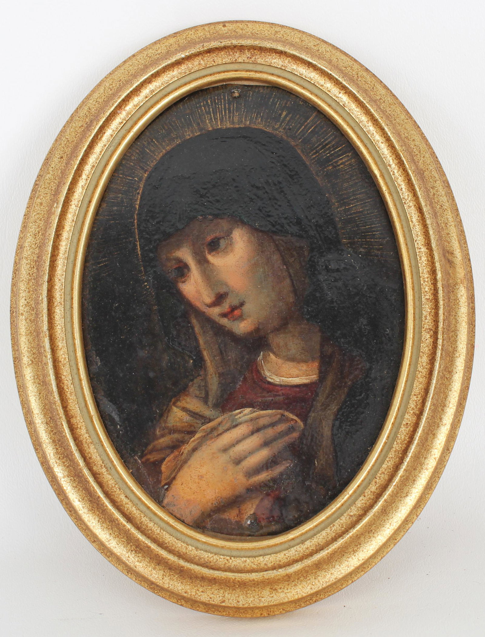 Antique Oil Painting of the Virgin Mary: Antique Oil Painting of the Virgin Mary. Unsigned. Oil on canvas, laid on cardboard. Housed in a contemporary frame. Sight Size: 7 x 5 in. Overall Framed Size: 8.5 x 6.5 in.