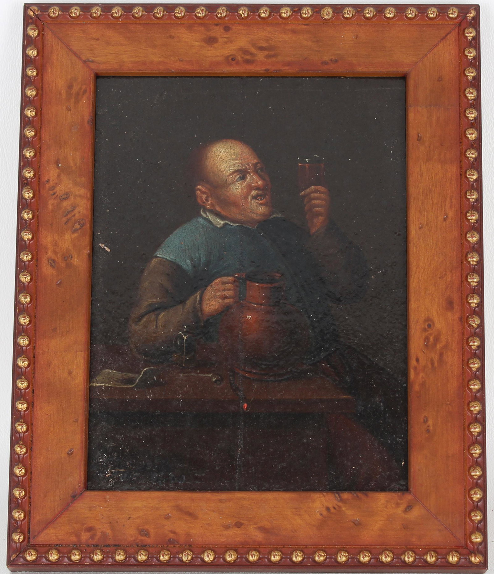 School of Teniers, 17th C. Painting of a Man: School of Teniers, 17th C. Painting of a Man Drinking in a Dark Interior Setting. Indistinctly signed and dated 1620 lower left. Oil on canvas. Sight Size: 6.75 x 5 in. Overall Framed Size: 9 x 7 in.