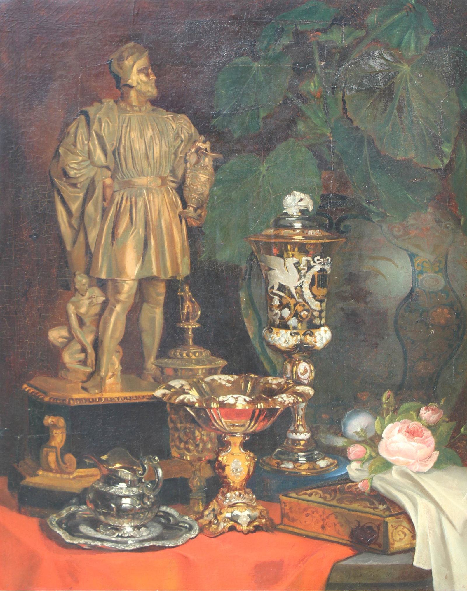 Maria Vos (Netherlands,1824 - 1906): Maria Vos (Amsterdam, 1824 - 1906) "NATURE MORTE A LA SCULPTURE ET AUX ORFEVRERIES" Oil on Canvas. Signed lower right. Provenance: Christie's Parisian Interiors France Auction July 2020. Sight Size: 3