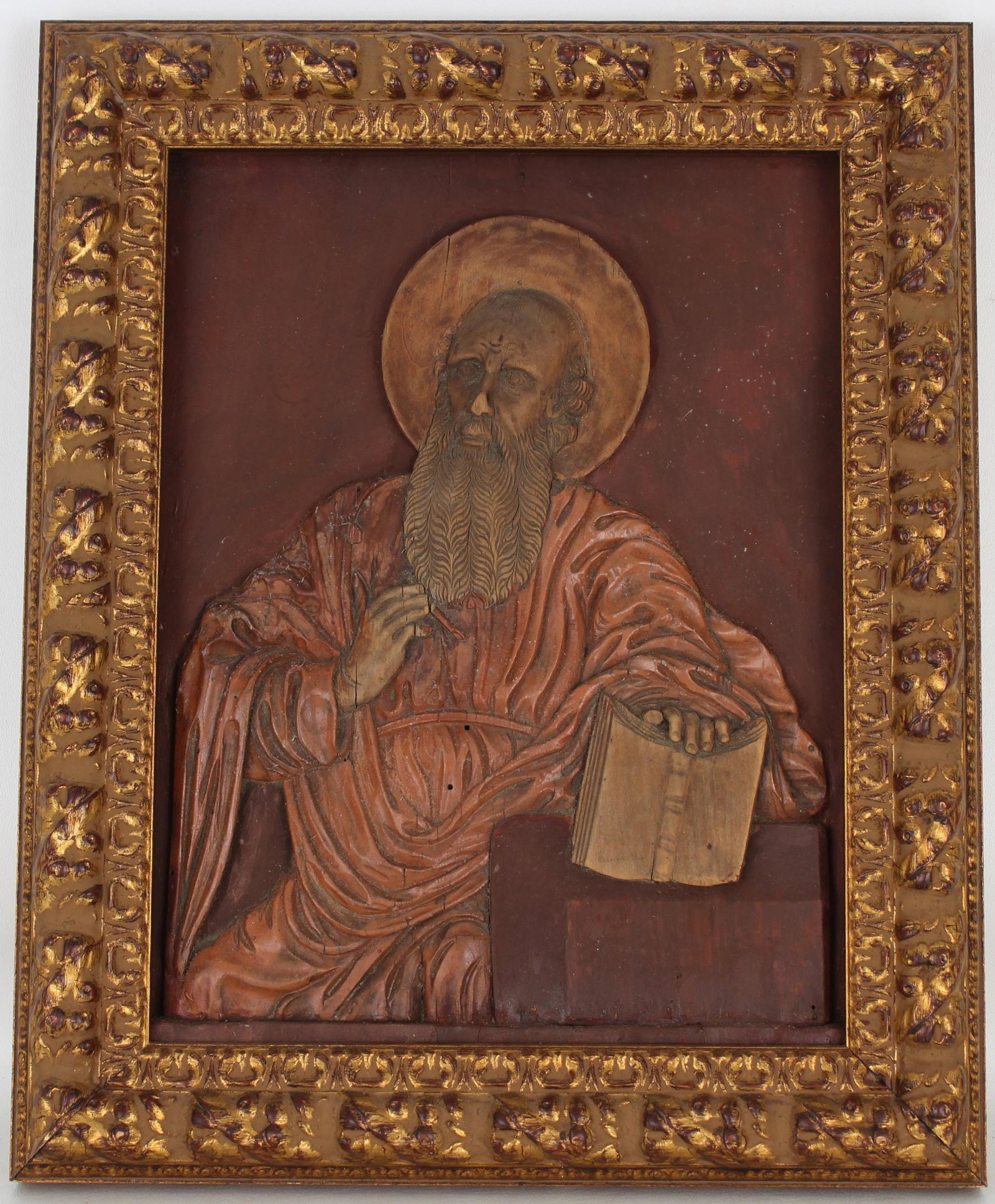 Antique Carved Relief of a Saint: Antique Carved Relief of a Saint. Provenance: Deceased estate of Dr. John Schaeffer (Orlando, Florida). Overall Framed Size: 17 x 14 in.