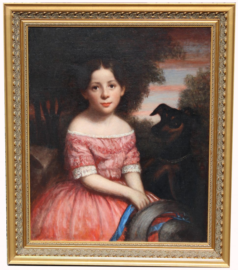 American School, 19th C. Girl with Dog: American School, 19th C. portrait of a girl with a dog. The sitter is possibly a "Maine Heiress" Oil on canvas. Appears to be unsigned. Housed in a later added contemporary frame. Sight Size: 30 x 25