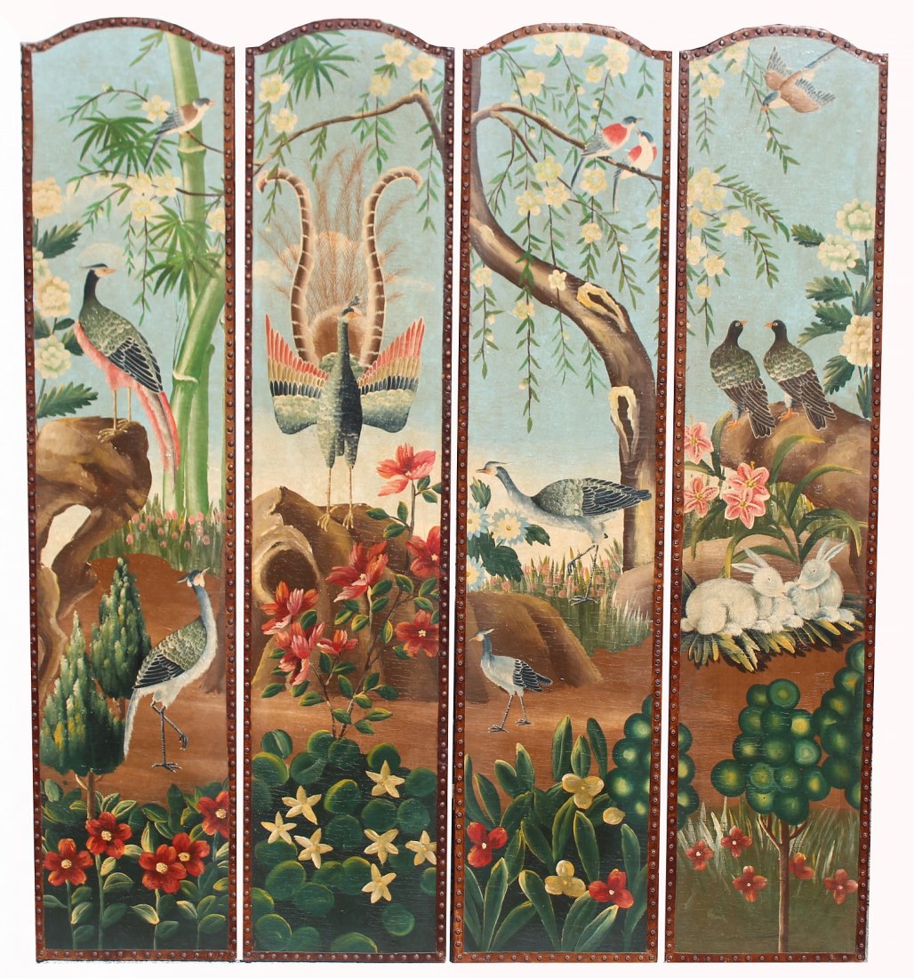 20th C. Hand Painted 4-Panel Floor Screen (1 of 4)