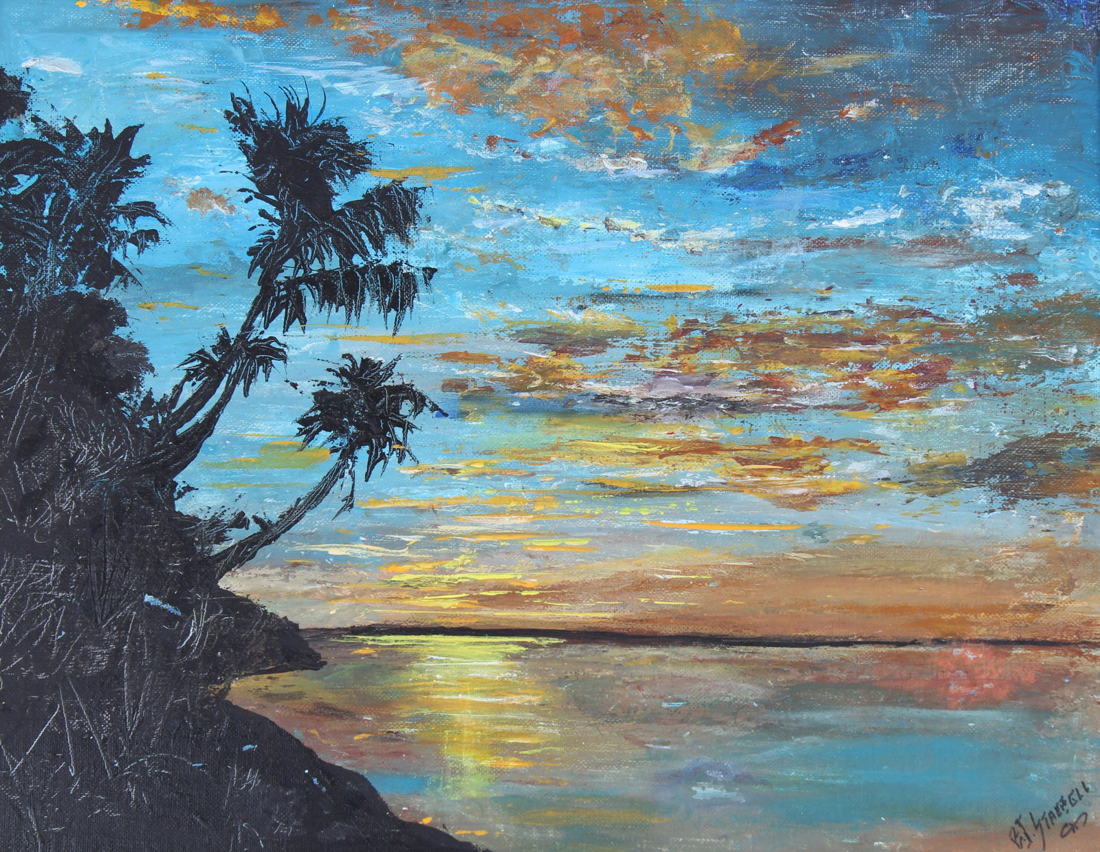 Betty Staebell (20th C.) "Palms at Sunset": Betty Staebell (FL, 20th C.) "Palms at Sunset" Signed lower right. Oil on Canvasboard. Sight Size: 14 x 18 in. Overall Framed Size: 19 x 23 in.