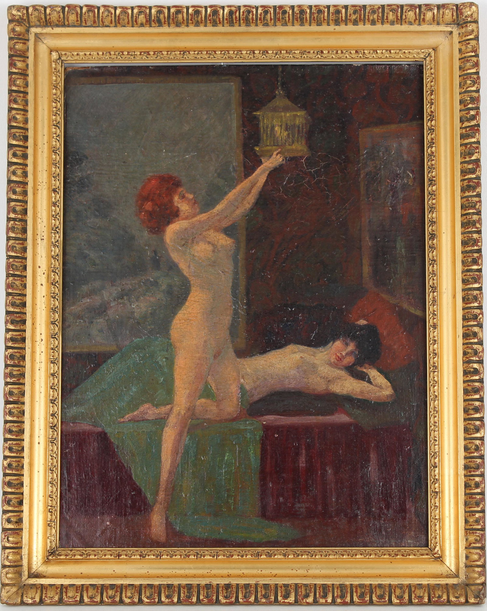 American School, Nudes in an Interior: American School, Nudes in an Interior. Early/Mid 20th century. Oil on board. Appears to be unsigned, has not been examined out of the frame. Sight Size: 15.75 x 12 in. Overall Framed Size: 19 x 15 in.