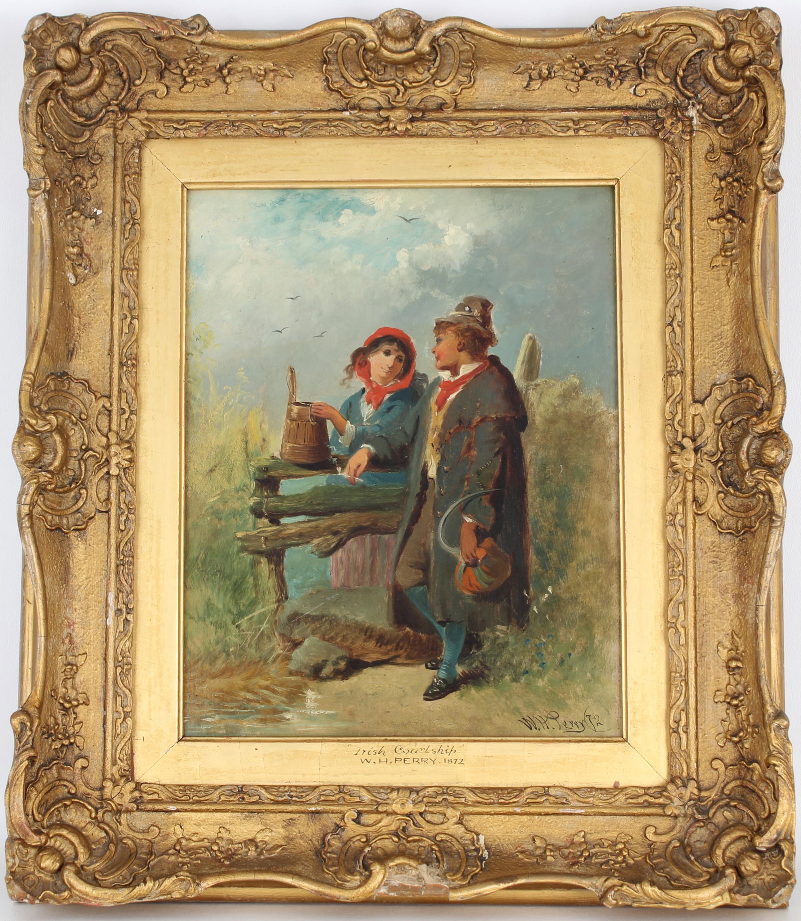 Signed 19th C. Painting, "Irish Courtship": Signed 19th C. Painting, "Irish Courtship". Oil on canvas. Signed and dated lower right. Housed in a gilt frame. Sight Size: 14.5 x 11.5 in. Overall Framed Size: 22 x 18 in.