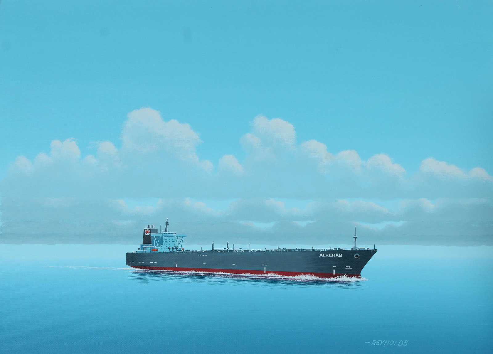 Keith Reynolds (B. 1929) "Oil Tanker ALREHAB": Keith Reynolds (American, B. 1929) "Oil Tanker ALREHAB" Signed lower right. Original Oil painting on Canvasboard. Provenance: Collection of James A. Helzer (1946-2008), Founder of Unicover Corporation