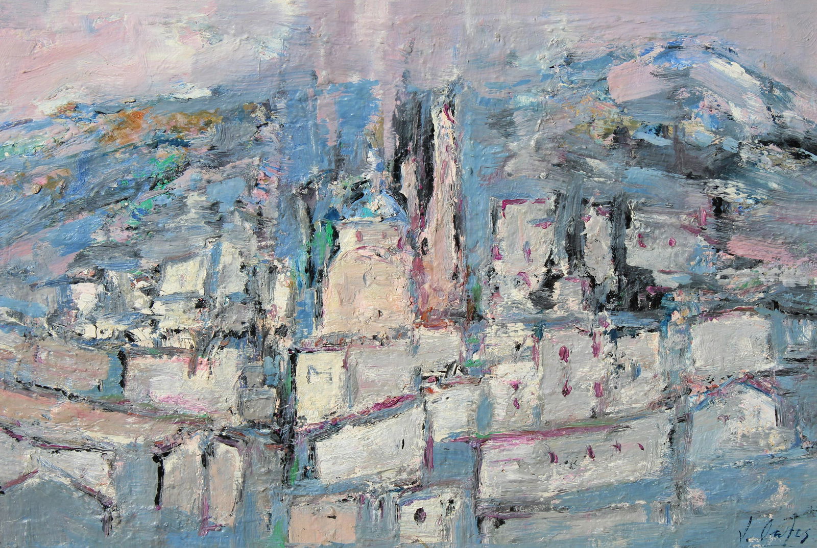 Jaime Oates (Spain, Mexico, 1912 - 2005): Jaime Oates (Spain Mexico, 1912 - 2005) Abstract painting. Signed lower right. Oil on Masonite. Sight Size: 24 x 16 in. Overall Framed Size: 32 x 24 in.