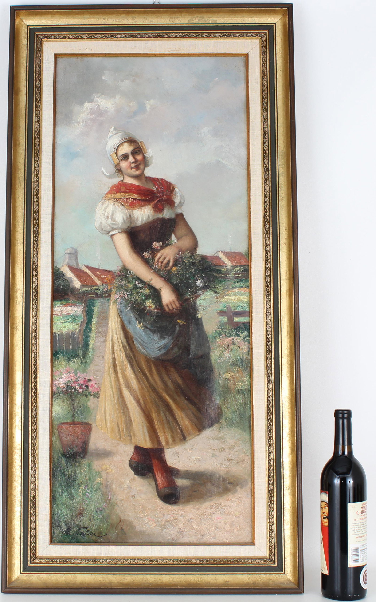 19th C. European Painting of Woman w/ Flowers: 19th C. European Painting of Woman w/ Flowers. Titled "Northern Flowers" verso on old label. Signed lower left. Oil on Canvas. Sight Size: 33.5 x 13.5 in. Overall Framed Size: 38 x 20 in.