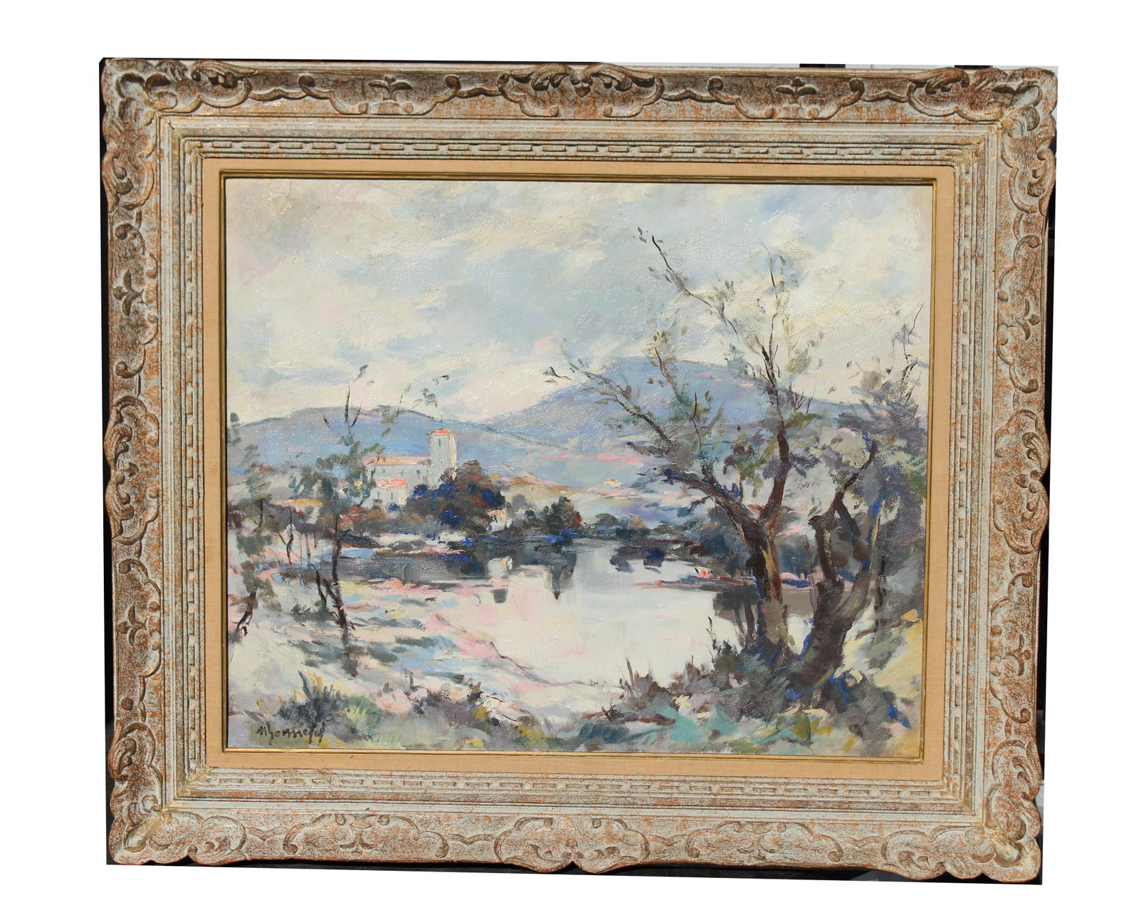 M. Bonnefoy "Mt. Village" Oil: M. Bonnefoy "Mt. Village" Signed lower left. Oil on Canvas. Old label verso on stretcher. Sight Size: 23.5 x 28.5 in. Overall Framed Size: 32 x 37.5 in.