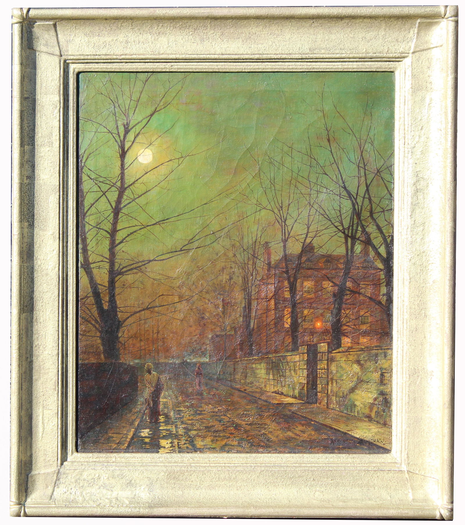 Attr. John Atkinson Grimshaw (1836-1893): Attributed John Atkinson Grimshaw (1836 - 1893) Street scene painting. Bearing signature lower right. Oil on Canvas. Sight Size: 24 x 20 in. Overall Framed Size: 32 x 27 in.