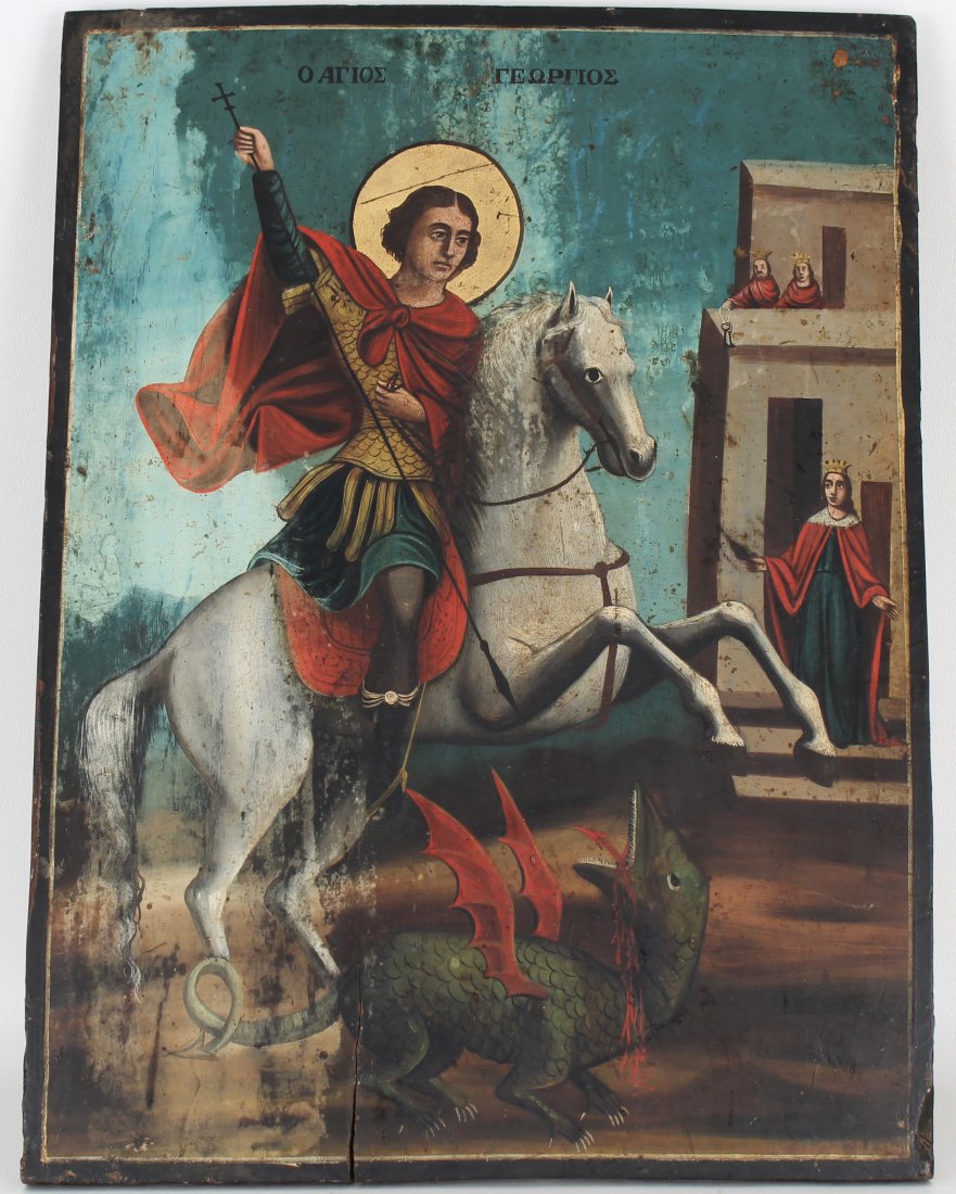 19th C. Greek Icon, St. George Slaying the Dragon (1 of 4)