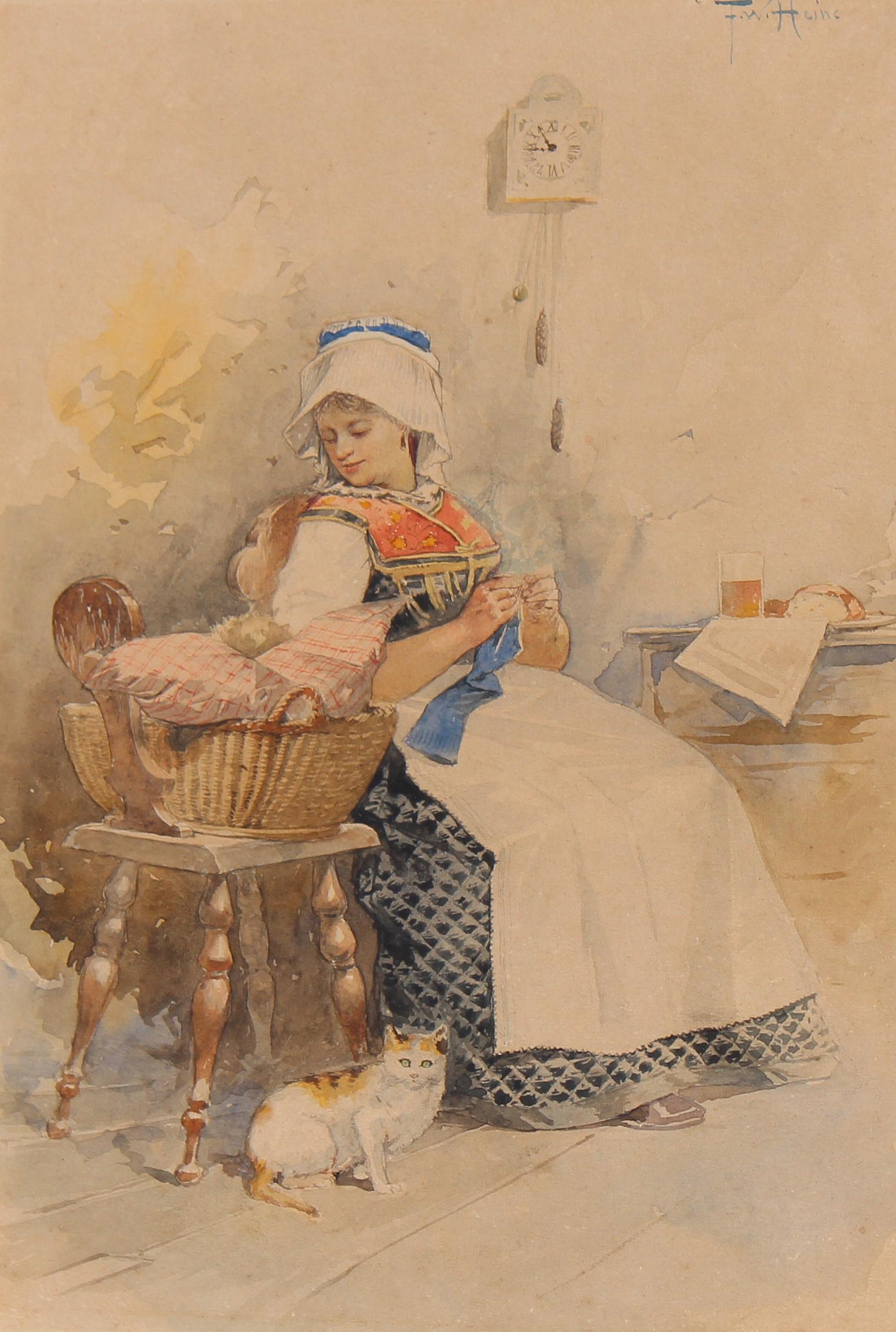 Frederick W. Heine (American, 1845 - 1921): Frederick W. Heine (American, 1845 - 1921) Interior scene with a mother and her baby in a basket. Signed upper right. Sight Size: 12 x 8 in. Overall Framed Size: 23 x 19 in. Framed behind glass.