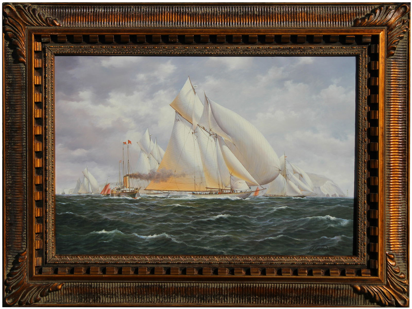 John Davis (20th C.): John Davis (20th C.) The Yacht Race. Signed lower right. Oil on Canvas. Sight Size: 24 x 36 in. Overall Framed Size: 36 x 48 in.