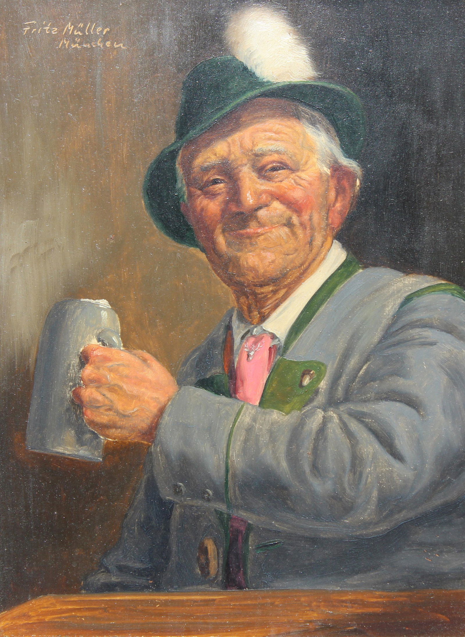 Fritz Muller (German, 1913 - 1972): Fritz Muller (German, 1913 - 1972) A Jolly man with a drink. Signed and inscribed "Munchen" upper left. Oil on Panel. Sight Size: 9.5 x 7 in. Overall Framed Size: 16 x 14 in.