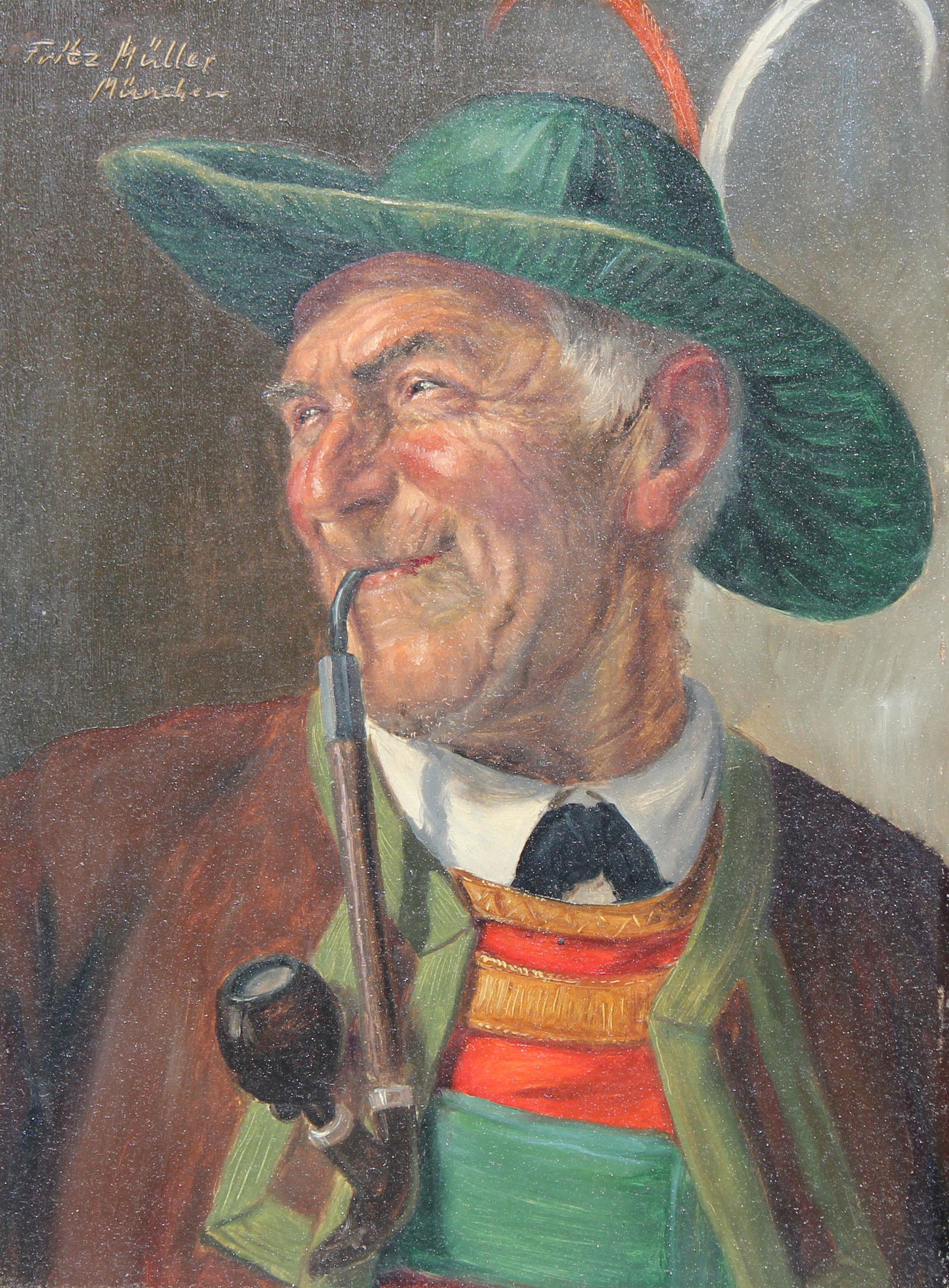 Fritz Muller (German, 1913 - 1972): Fritz Muller (German, 1913 - 1972) A Bavarian man with a pipe. Signed and inscribed "Munchen" upper left. Oil on Panel. Sight Size: 9.5 x 7 in. Overall Framed Size: 16 x 14 in.