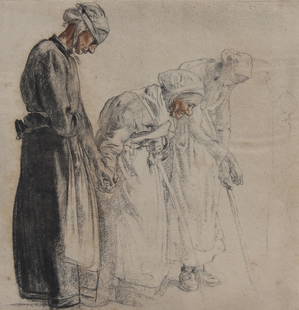 Sir Frank Brangwyn (1867 - 1956): Sir Frank Brangwyn (British, 1867 - 1956) Three blind women. Signed in pencil lower right. Lithograph. Sight Size: 12.25 x 12.5 in. Overall Framed Size: 25 x 25 in. Framed behind glass.