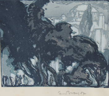 Sir Frank Brangwyn (1867 - 1956): Sir Frank Brangwyn (British, 1867 - 1956) Landscape with figures. Signed in pencil lower right. Woodcut in color. Image Size: 8.25 x 7 in. Sheet Size: 14 x 13.25 in. Overall Framed Size: 23 x 23 in.