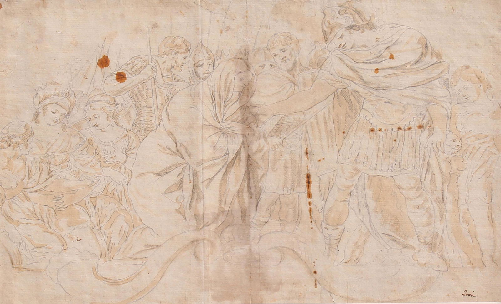 Ciro Ferri (Italian, 1634-1689): Ciro Ferri (Italian, 1634-1689) Alexander and Roxana Pencil on laid paper with brown wash Three crescent moon watermark Note; multiple Three crescent moon watermarks are listed in Heawood 863-880 Sign