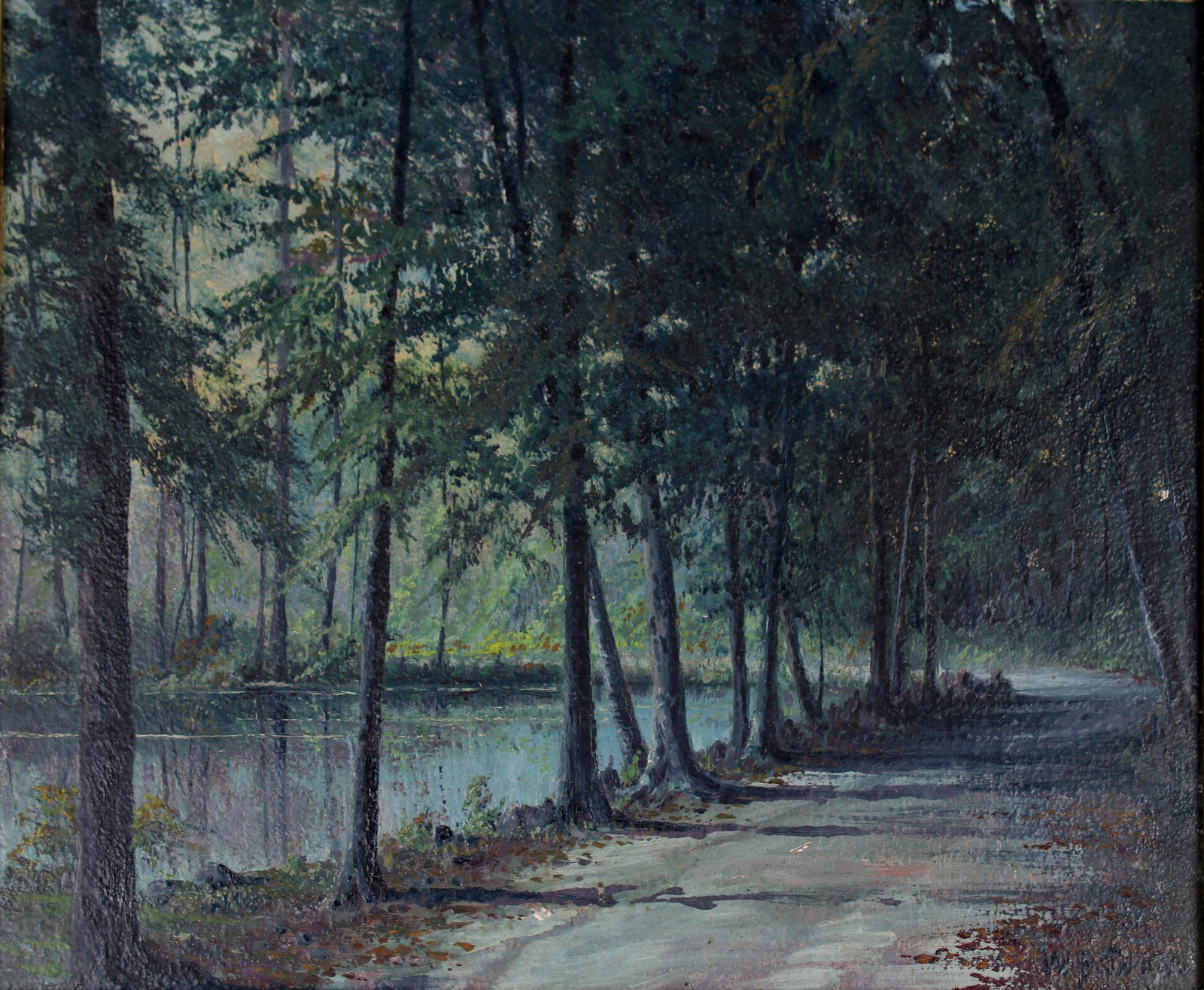 Warren Francis Snow (MA, CA, 1869 - 1962): Warren Francis Snow (Massachusetts, California / Bermuda, 1869 - 1962) Painting of a wooded landscape. Oil on Board. Signed lower right. Sight Size: 9.75 x 11.75 in. Overall Framed Size: 11 x 13 in.