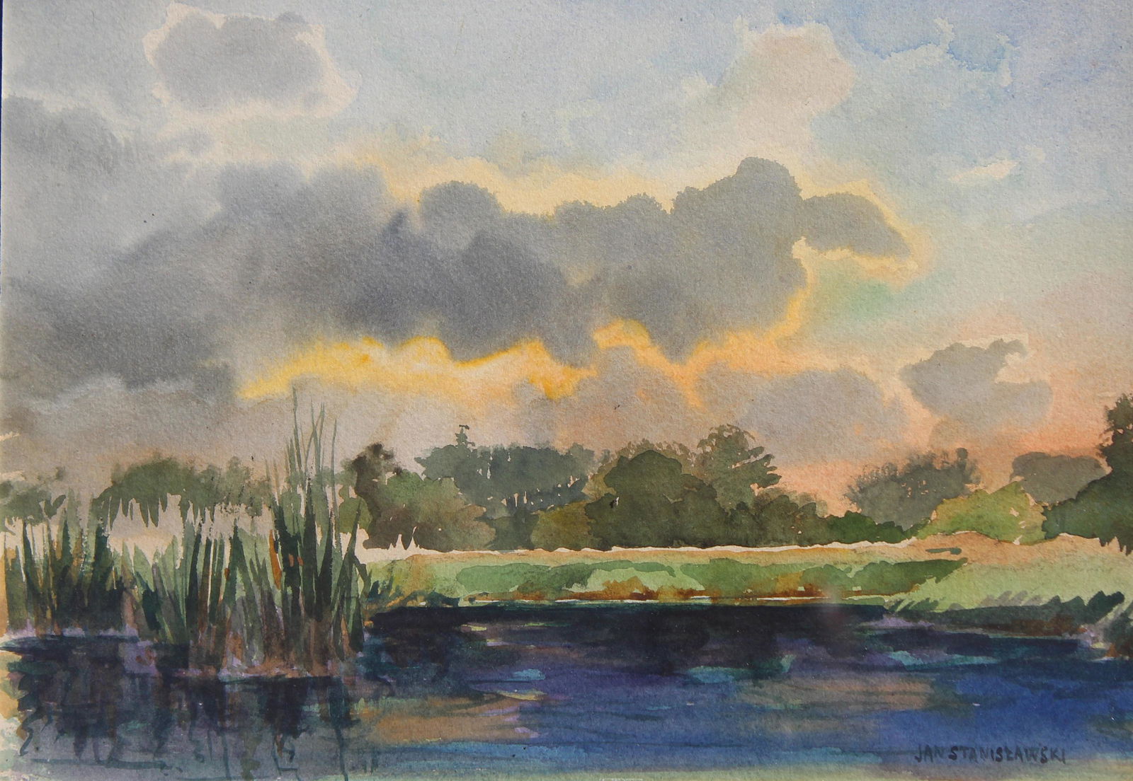 Jan Stanislawski (Poland, 1860 - 1907): Jan Stanislawski (Poland, 1860 - 1907) Watercolor of a landscape. Signed lower right. With inscription verso. Sight Size: 12 x 16 in. Overal Framed Size: 15 x 19 in.