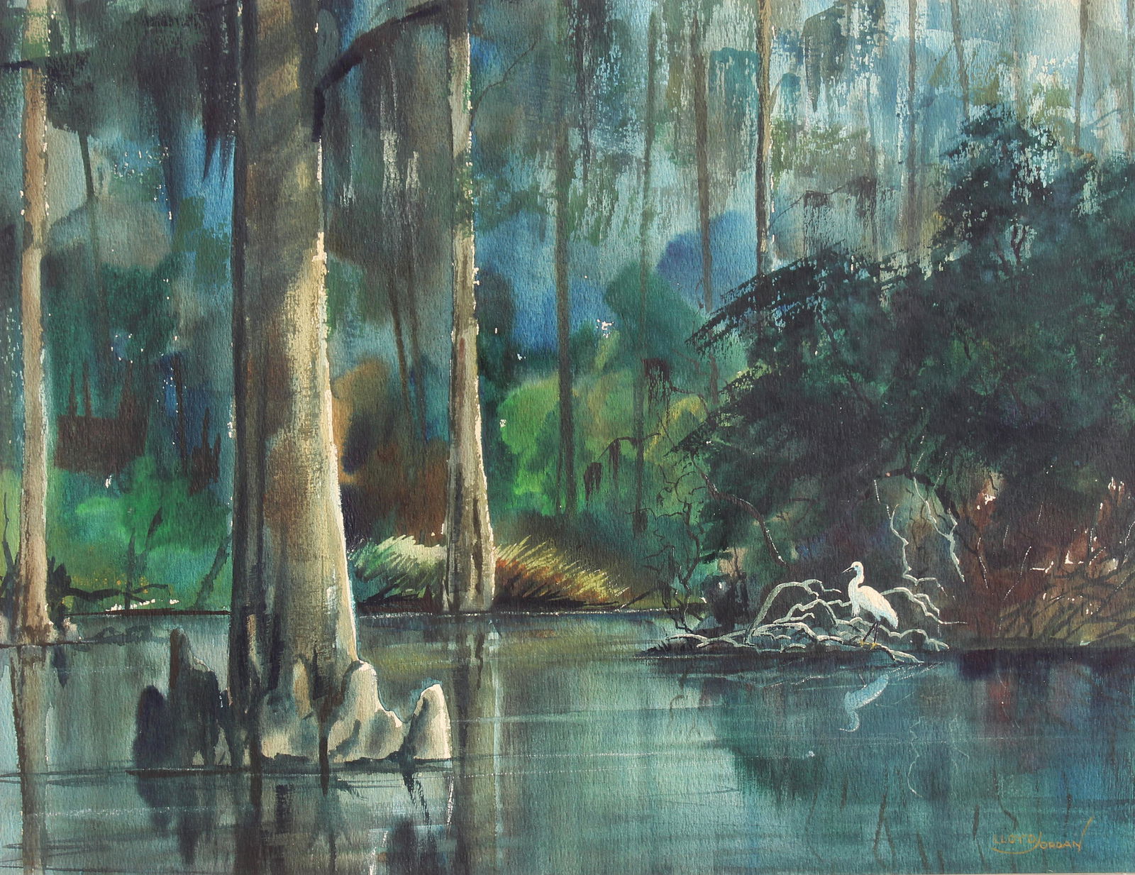 Lloyd Jordan (1923 - 1975) Watercolor: Lloyd Jordan (1923 - 1975) Watercolor. Signed lower right. Sight Size: 16.75 x 21.75 in. Overall Framed Size: 26 x 30 in. Framed behind glass.