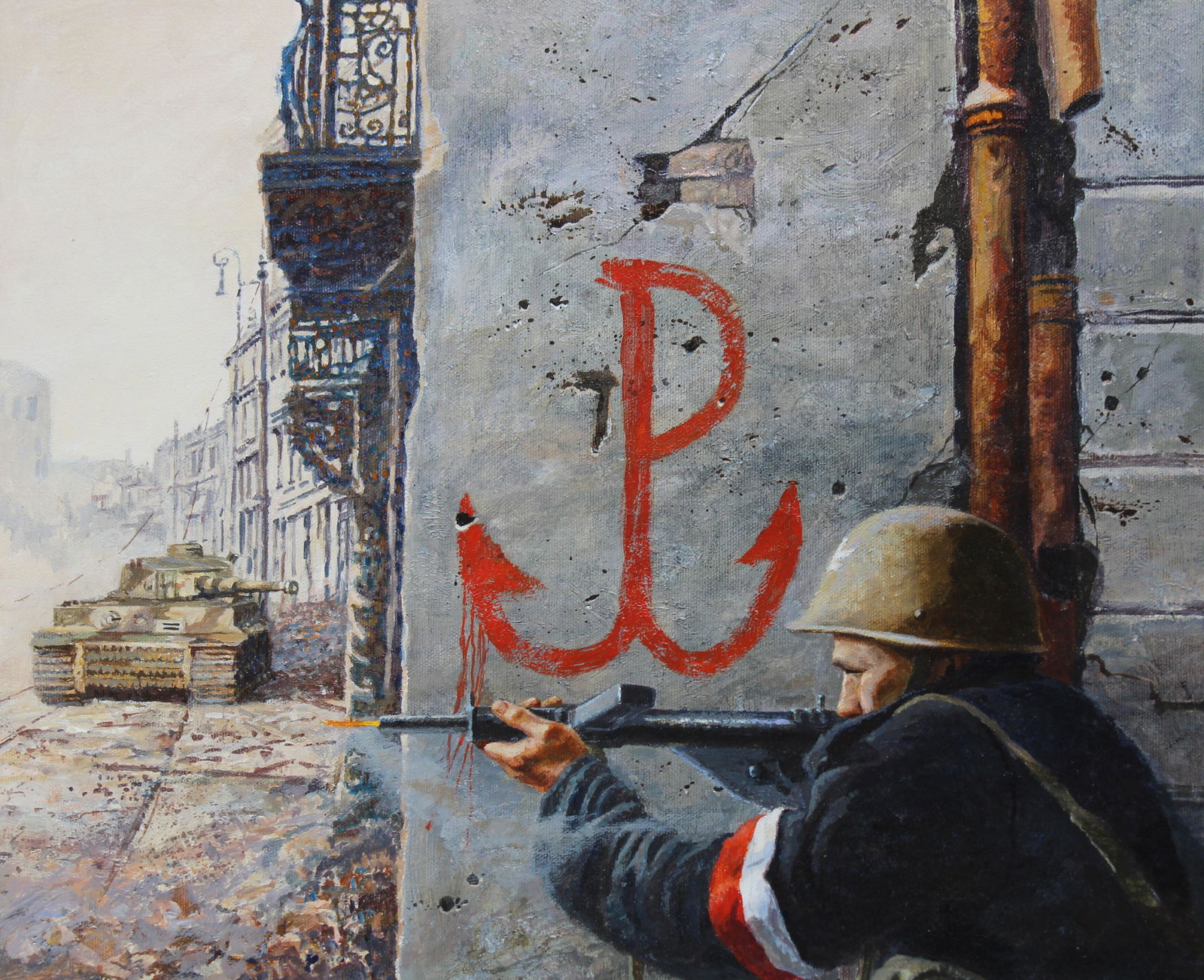Brian Sanders (B. 1937) "Warsaw Uprising" Oil: Brian Sanders (British, B. 1937) "Warsaw Uprising" Artist notes in margins. Original Oil painting on Masonite. Provenance: Collection of James A. Helzer (1946-2008), Founder of Unicover Corporation. T