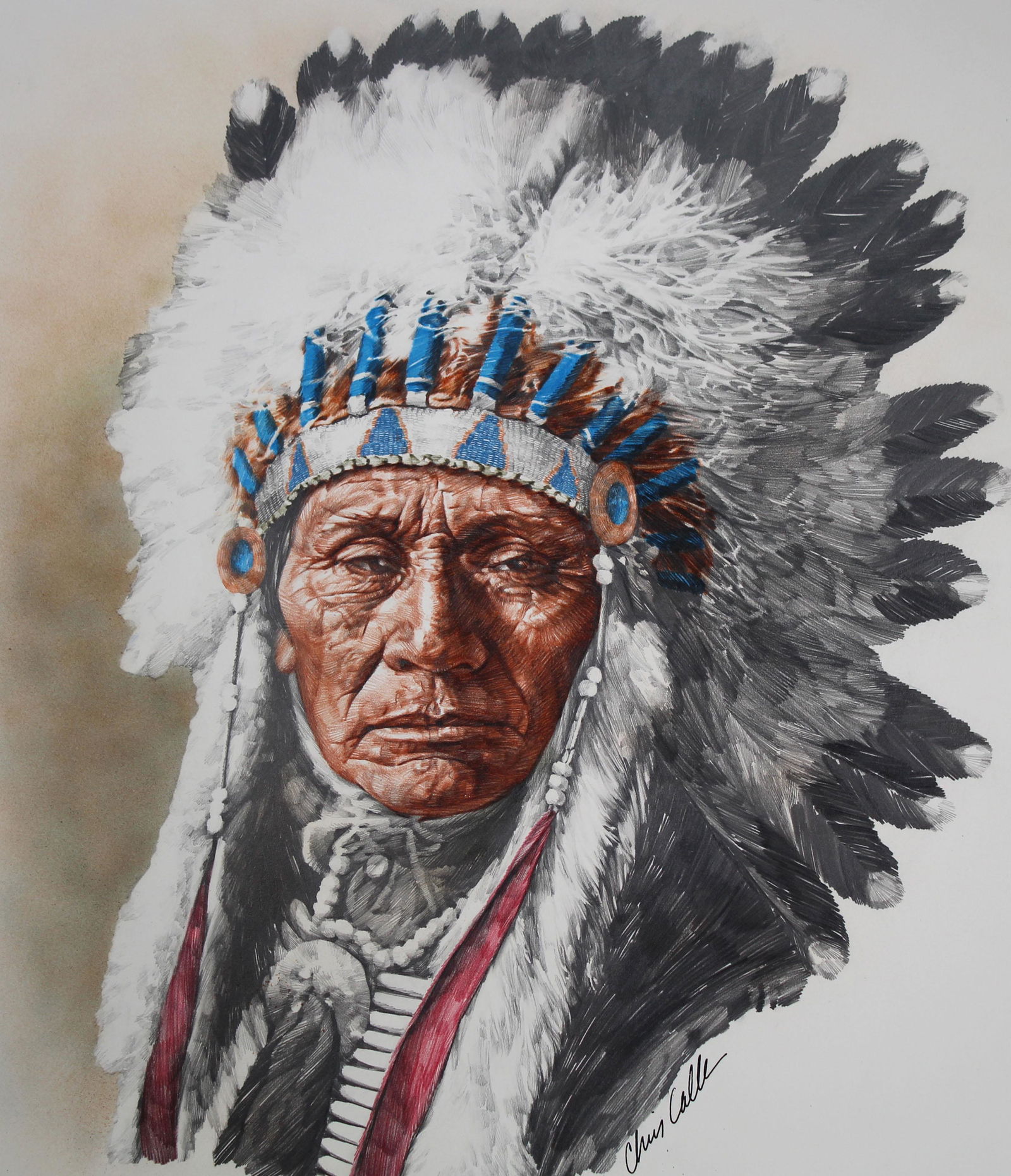 Chris Calle (B. 1961) "Shoshone Headdress": Chris Calle (American, B. 1961) "Shoshone Headdress" Signed lower right. Original Mixed Media painting on Illustration Board. Provenance: Collection of James A. Helzer (1946-2008), Founder of Unicover