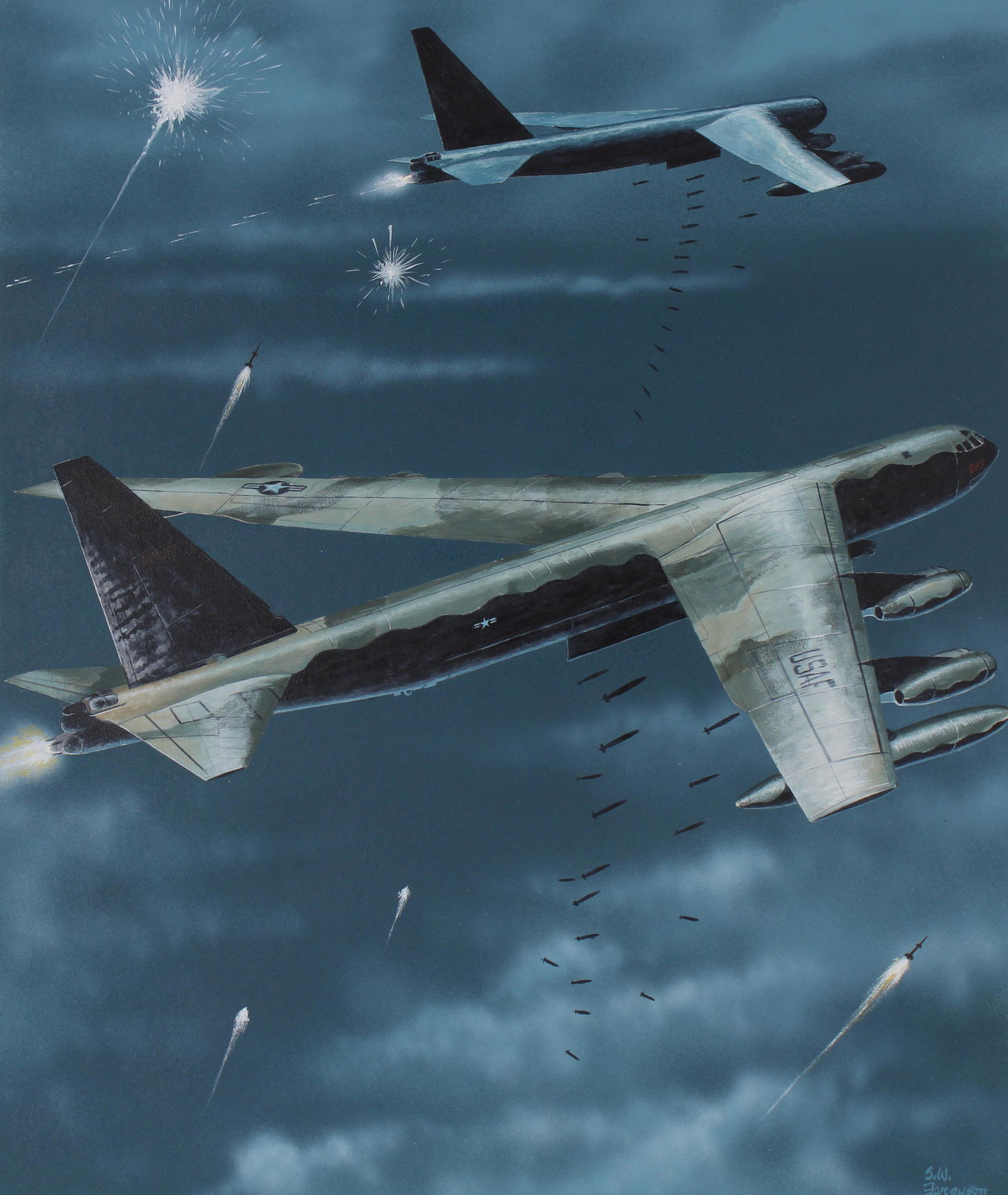 Steve Ferguson (B 1946) "B-52D Stratofortress" Oil: Steve Ferguson (American, B. 1946) "B-52D Stratofortress" Signed lower right. Original oil painting on Cold Press Illustration Board. Provenance: Collection of James A. Helzer (1946-2008), Founder of