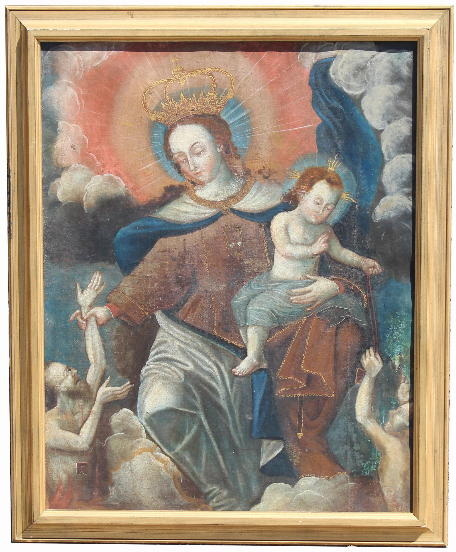 18th C. Spanish Cuzco School: 18th C. Spanish Cuzco School. Oil on canvas painting depicting the Virgin Mary and the Infant Christ. Appears to be unsigned, has not been examined out of frame. Provenance: Important private North Ca