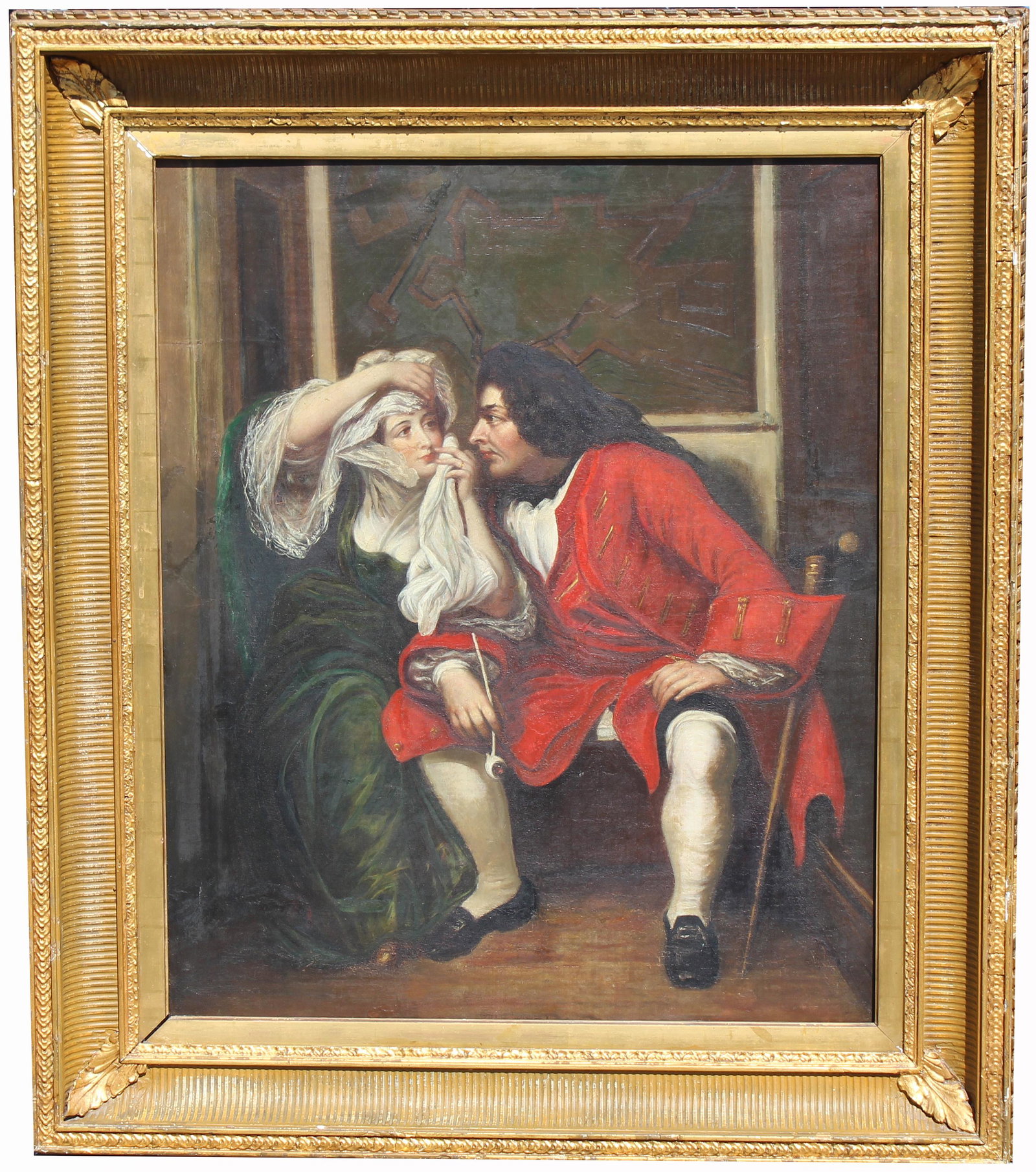 19th C. European School, The Eye Doctor: 19th C. European School Painting. Depicting an eye doctor examining a woman in an interior setting. Oil on canvas. Appears to be unsigned, has not been examined out of the frame. Housed in a gilt flut
