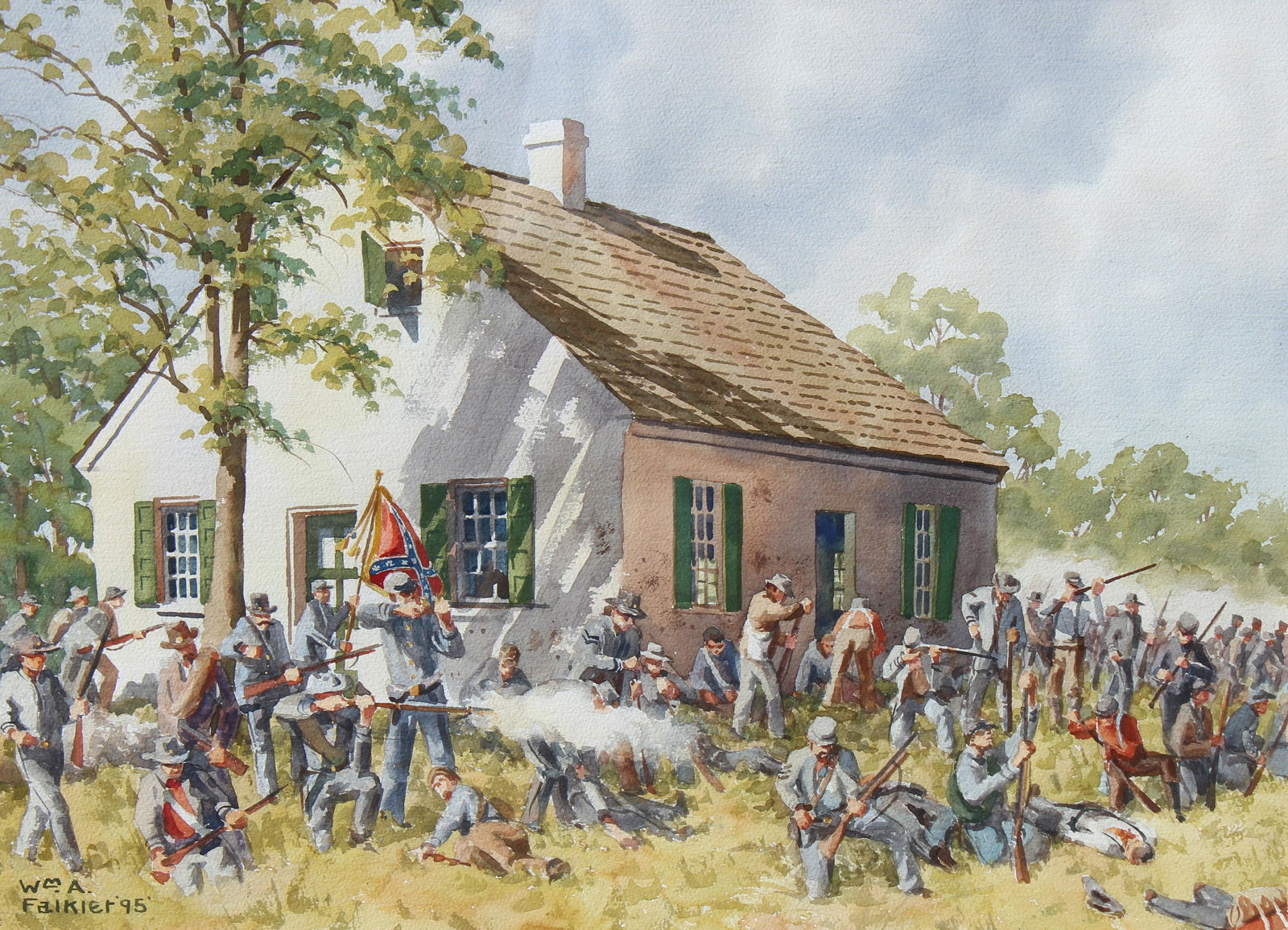 WIlliam Falkler, "Dunker Church Battle" Watercolor: WIlliam Falkler, "Dunker Church Battle" Watercolor. Signed and dated lower left. Watercolor on paper. Sight Size: 17 x 24 in. Overall Framed Size: 26 x 32 in.