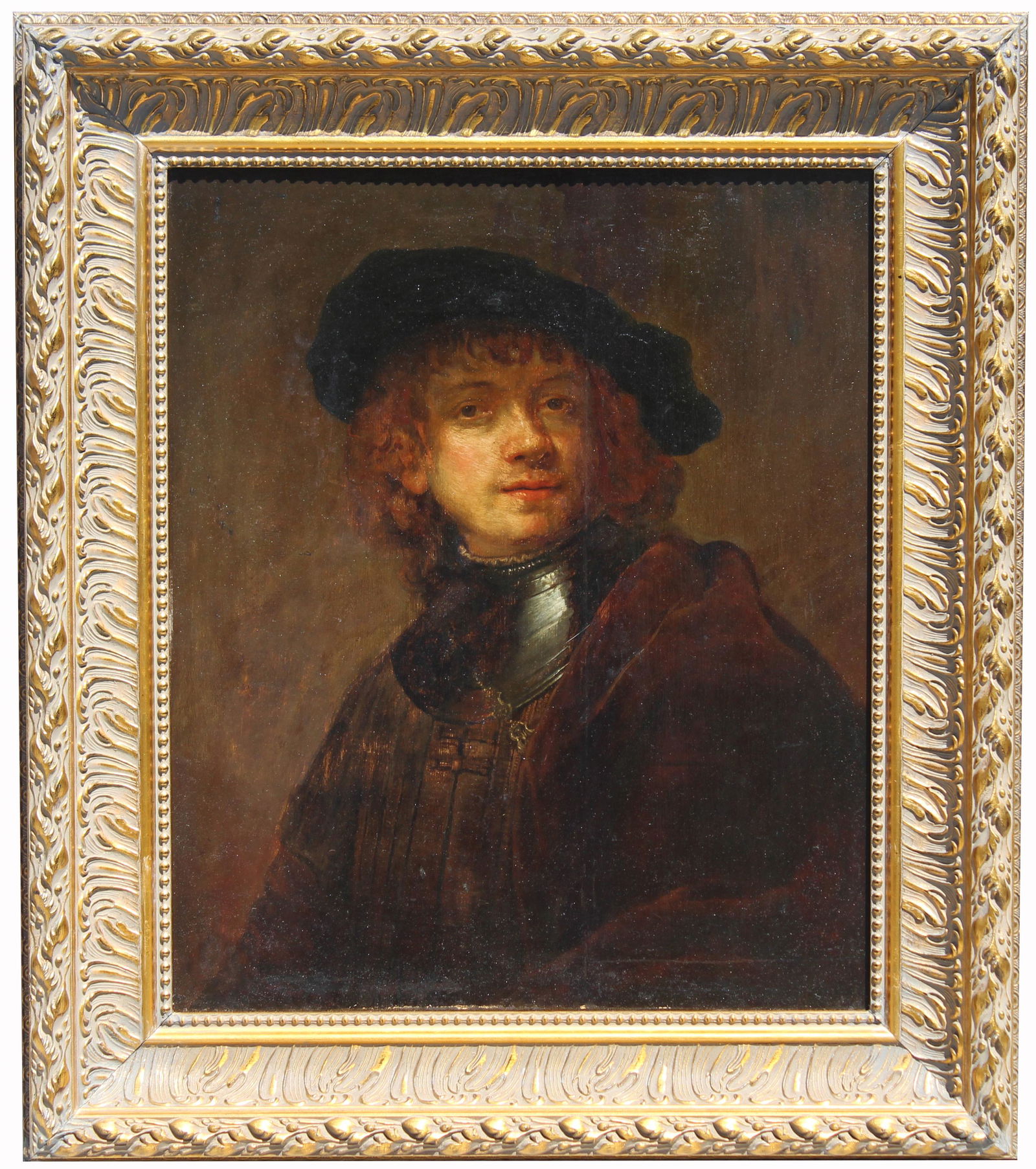 After Rembrandt, Portrait of a Man: After Rembrandt, Portrait of a Man. Oil on Panel, bears a collector's red wax seal on verso. Sight Size: 25 x 21 in. Overall Framed Size: 33 x 28 in.