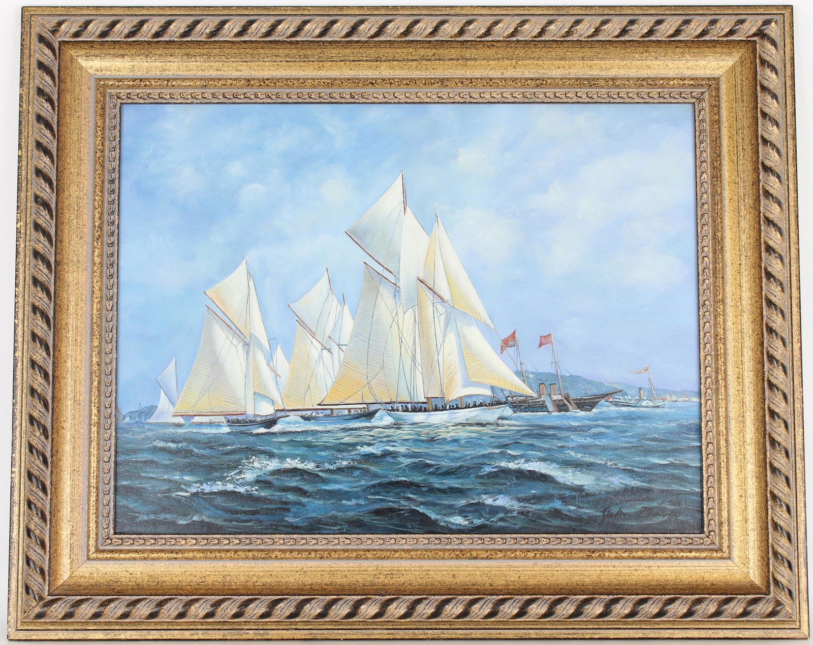 John Davis (20th Century): John Davis (20th Century) A Galleon Ship on the Seas. Signed lower left. Oil on Canvas. Sight Size: 18 x 24 in. Overall Framed Size: 26 x 32 in.