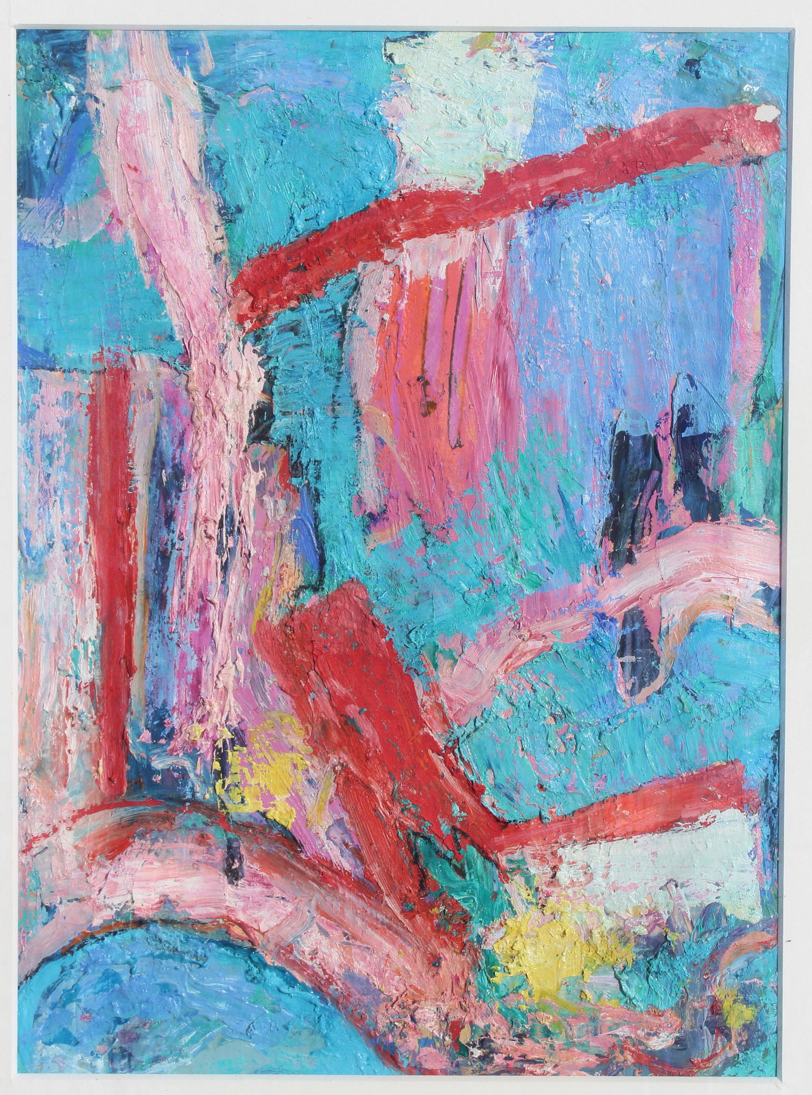 Thomas Koether (NY, FL b. 1940) "Bridges": Thomas Koether (New York, Florida, Europe, Australia, b. 1940) Abstract Painting. Titled: "Bridges" Dated: '96 Oil on Paper. Image Size: 11.25 x 8.25 in. Overall Size: 17.5 x 14.5 in. Unframed. (249 -